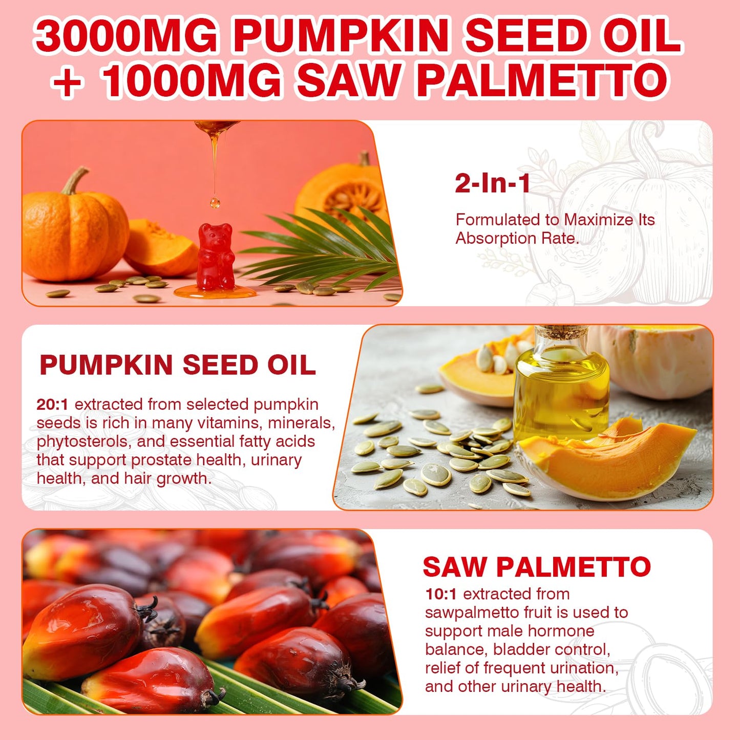 HUUAYAO Pumpkin Seed Oil Gummies 3000MG with Saw Palmetto, Organic Pumpkin Seed Oil, Raspberry Flavor, 120 Gummies