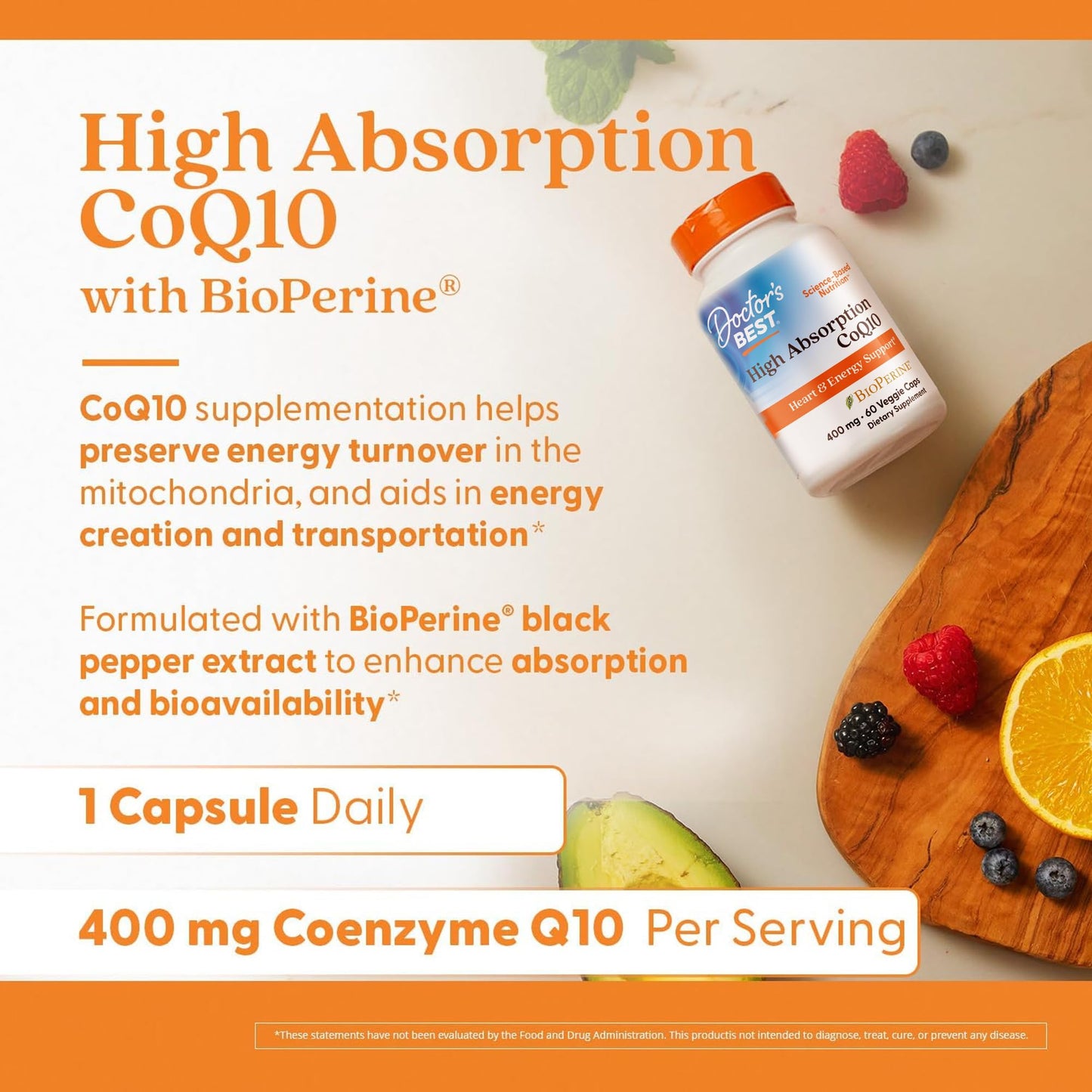 Doctor's Best High Absorption CoQ10 400mg with BioPerine Capsule, 60 Count
