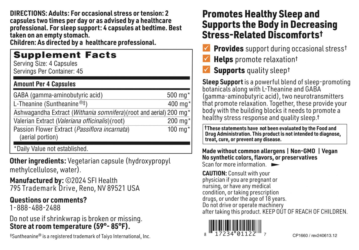 SFI Health Klaire Labs Stress Support Complex - Adaptogenic Blend with GABA, L-theanine & Valerian, No Dairy or Wheat 180 Capsules