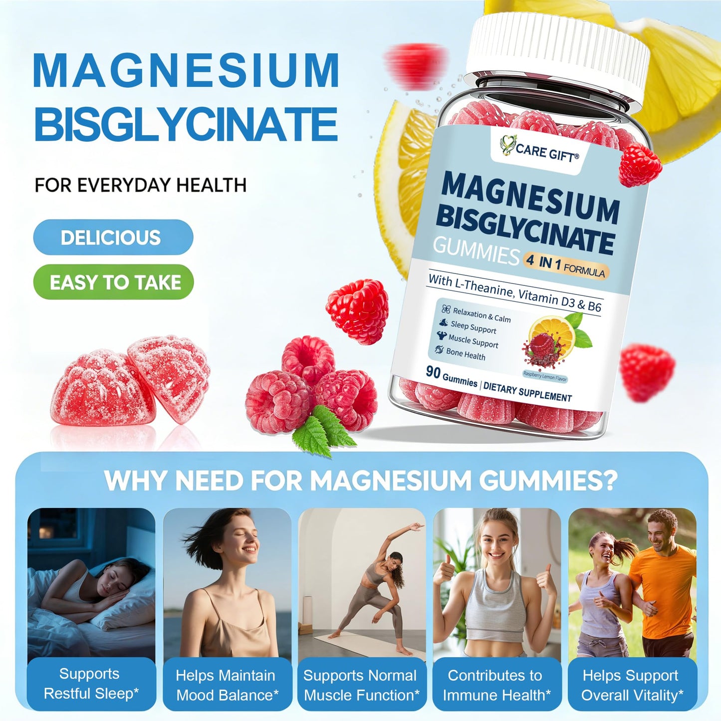 CARE GIFT Magnesium Bisglycinate Gummies 400mg with Vitamin D3, B6 & L-Theanine, Sleep Support, Calm, Muscle Relaxation, Bone Health, 90 Gummies