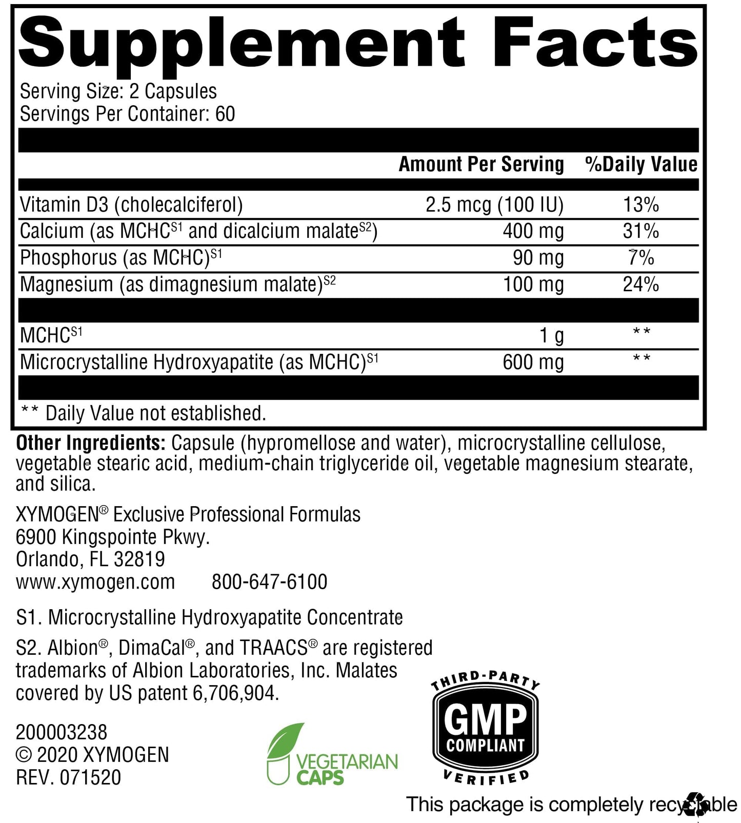 XYMOGEN Ossopan MD - Bone Strength & Structural Support - Microcrystalline Hydroxyapatite with Vitamins & Minerals - MCHC Bone Formula - Gluten-Free, Dairy-Free, & Non-GMO, 120 Capsules