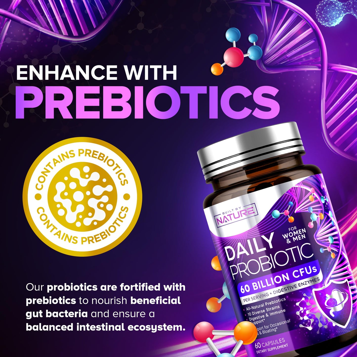 Built by Nature Probiotic for Women & Men – 60 Billion CFU, 10 Strains + Prebiotics & Digestive Enzymes – Supports Digestive, Immune, Reduce Gas & Bloating – Shelf Stable, Non-GMO, 60 Capsules