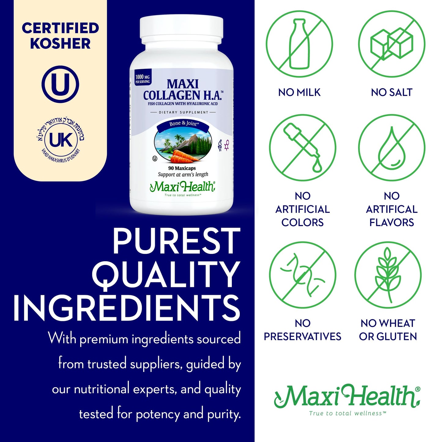 Maxi Health Marine Collagen Capsules 1000 mg Type I Collagen with Hyaluronic Acid for Joint & Skin Support, Unflavored, Clean Kosher, 90 Count