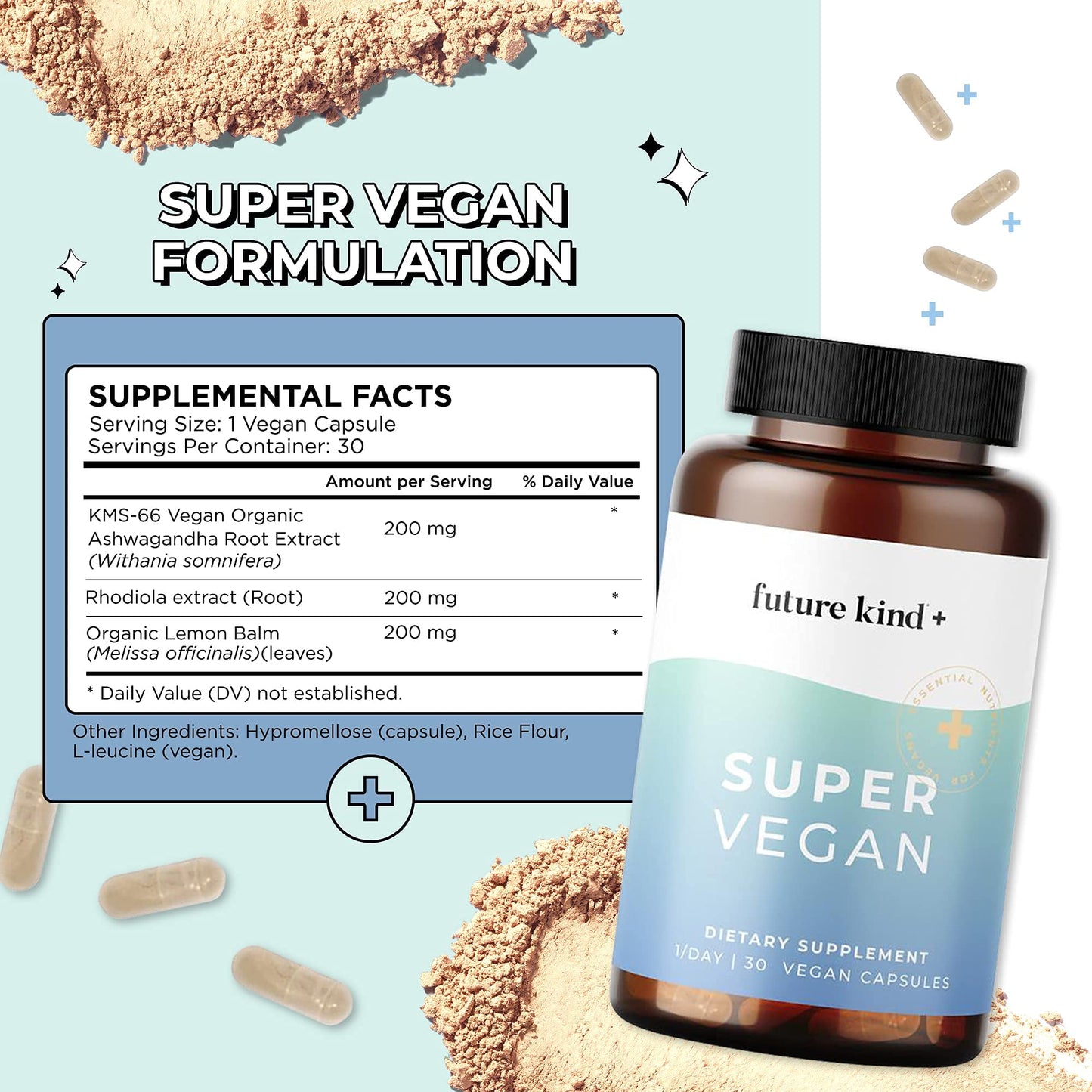 Future Kind Super Vegan Formula with Lemon Balm, Ashwagandha Root Extract and Rhodiola Extract for Natural Mood Boost, Energy and Stress Support, 60 Capsules