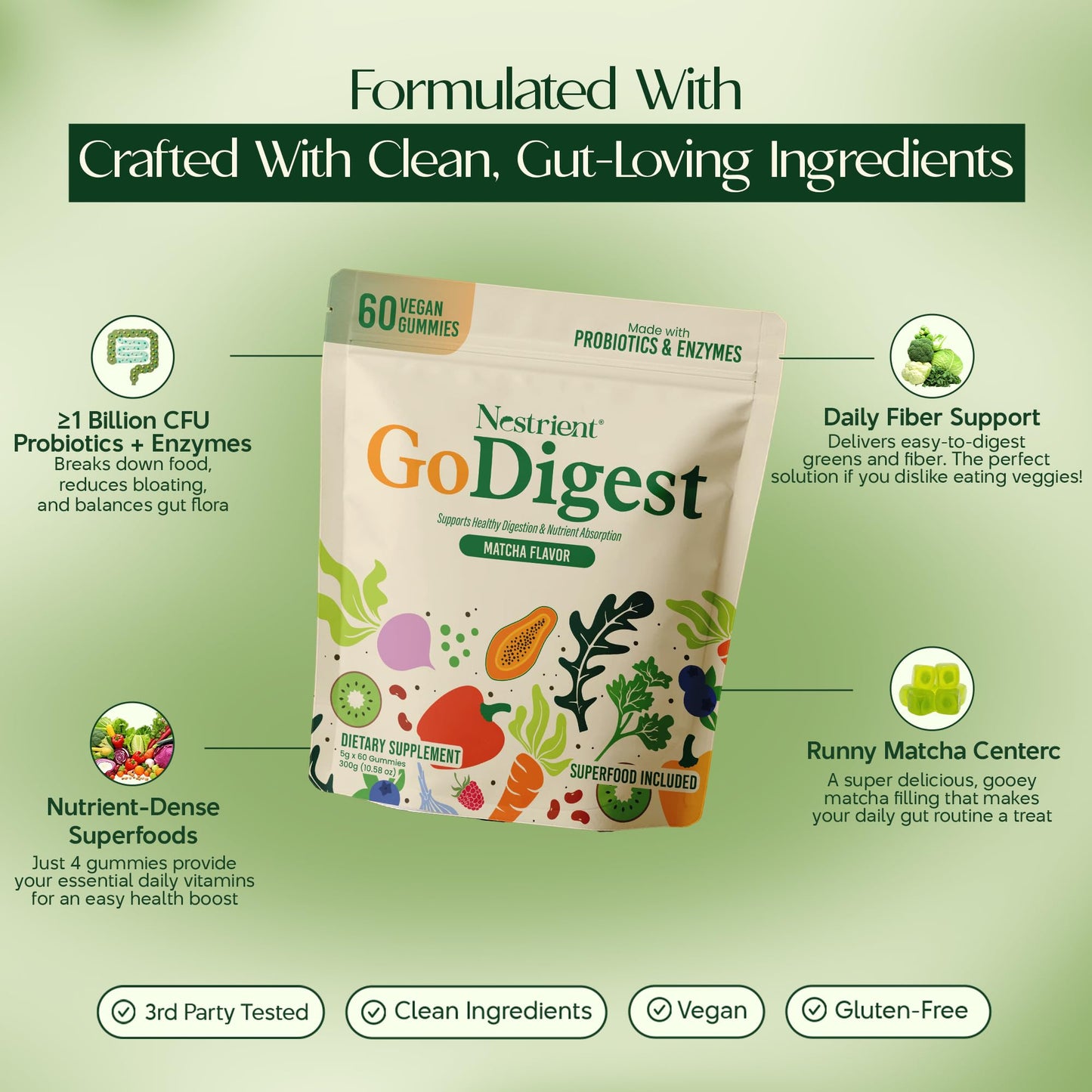 Nestrient GoDigest Probiotics & Digestive Enzymes Gummy, Matcha, 60 Count