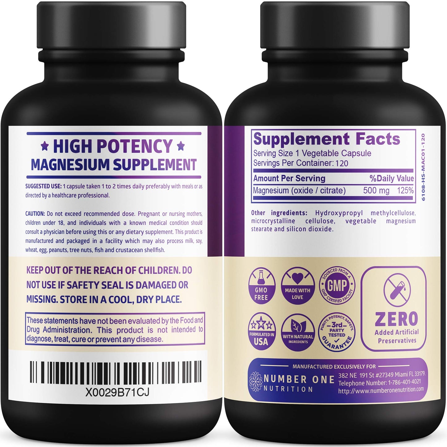 Number One Nutrition Magnesium Complex 500mg Citrate and Oxide Capsules, 120 Count