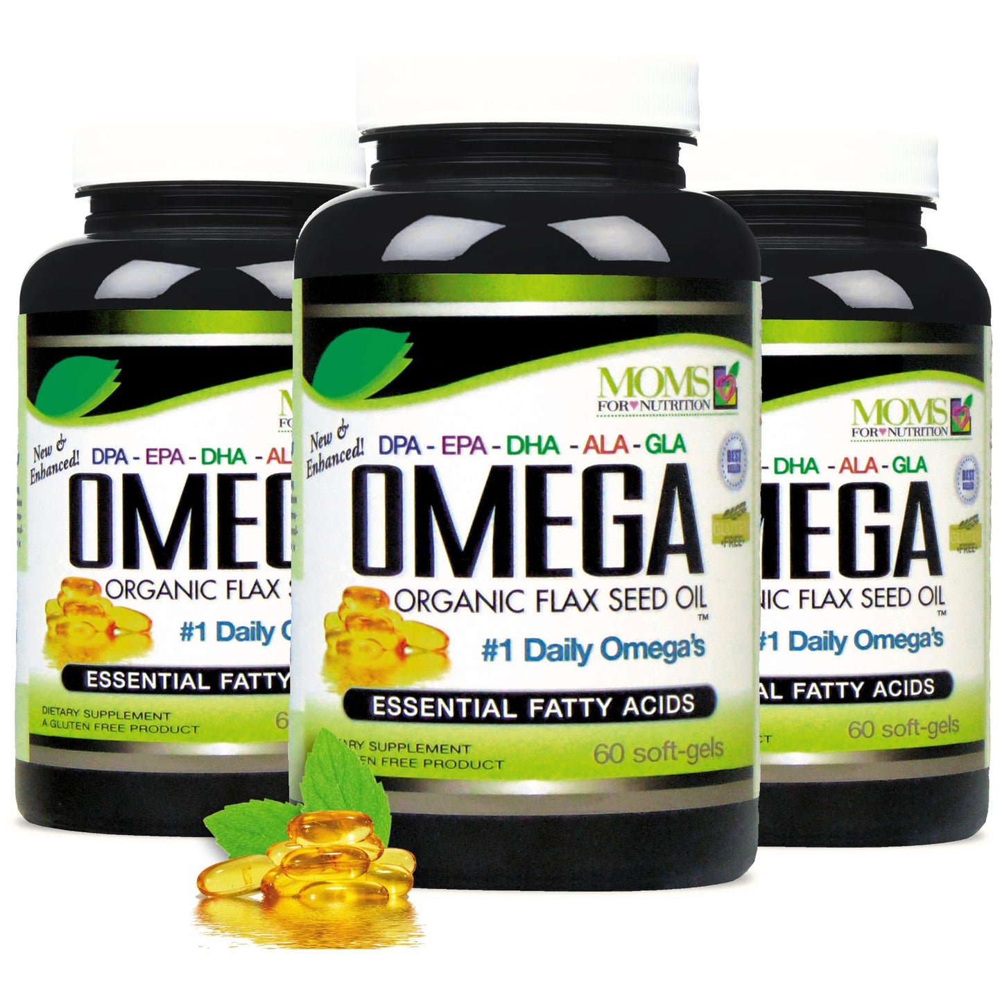 Moms For Nutrition Natural Omega 3-6-9 Blend DPA, EPA, DHA, ALA and GLA Organic Flax Seed Oil plus Wild-Caught Natural Fish Oil 2,800 mg Softgels 180