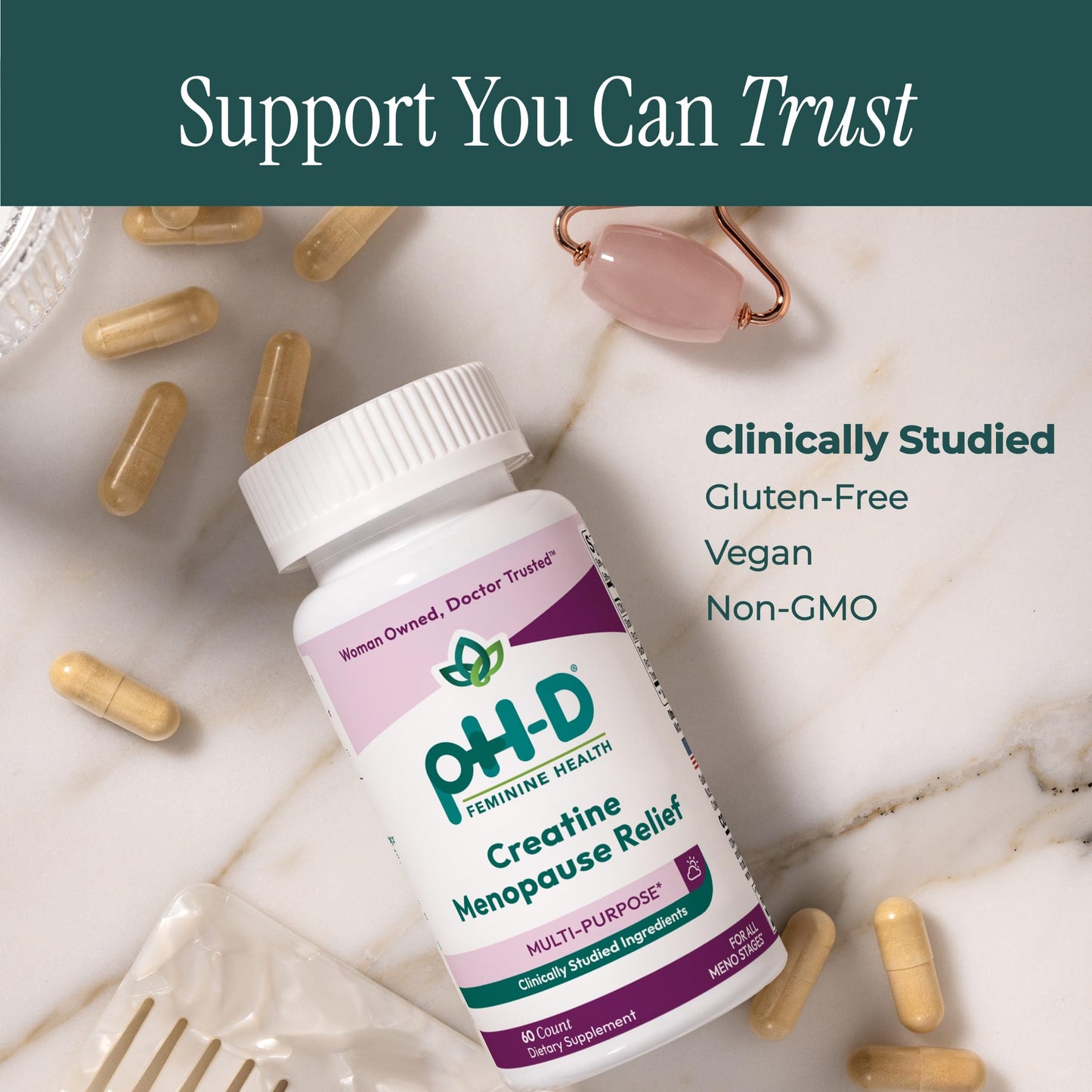 pH-D Feminine Health Support Creatine Menopause Relief, Brain Fog, Hot Flash, and Dryness Management, Menopause Pills 60 Capsules