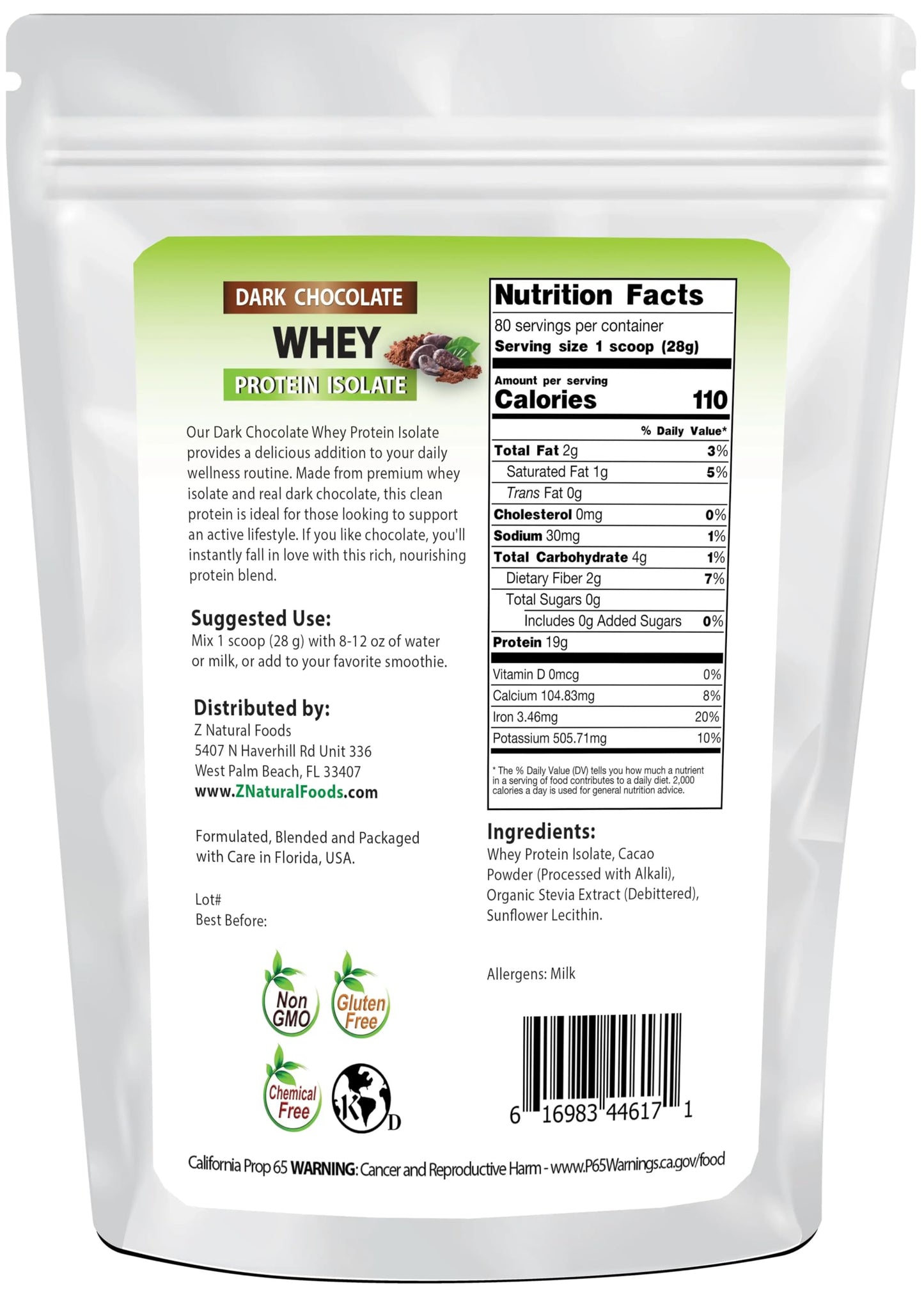 Z Natural Foods Whey Protein Isolate Grass-Fed No Sugar Dark Chocolate Powder, 80 Servings