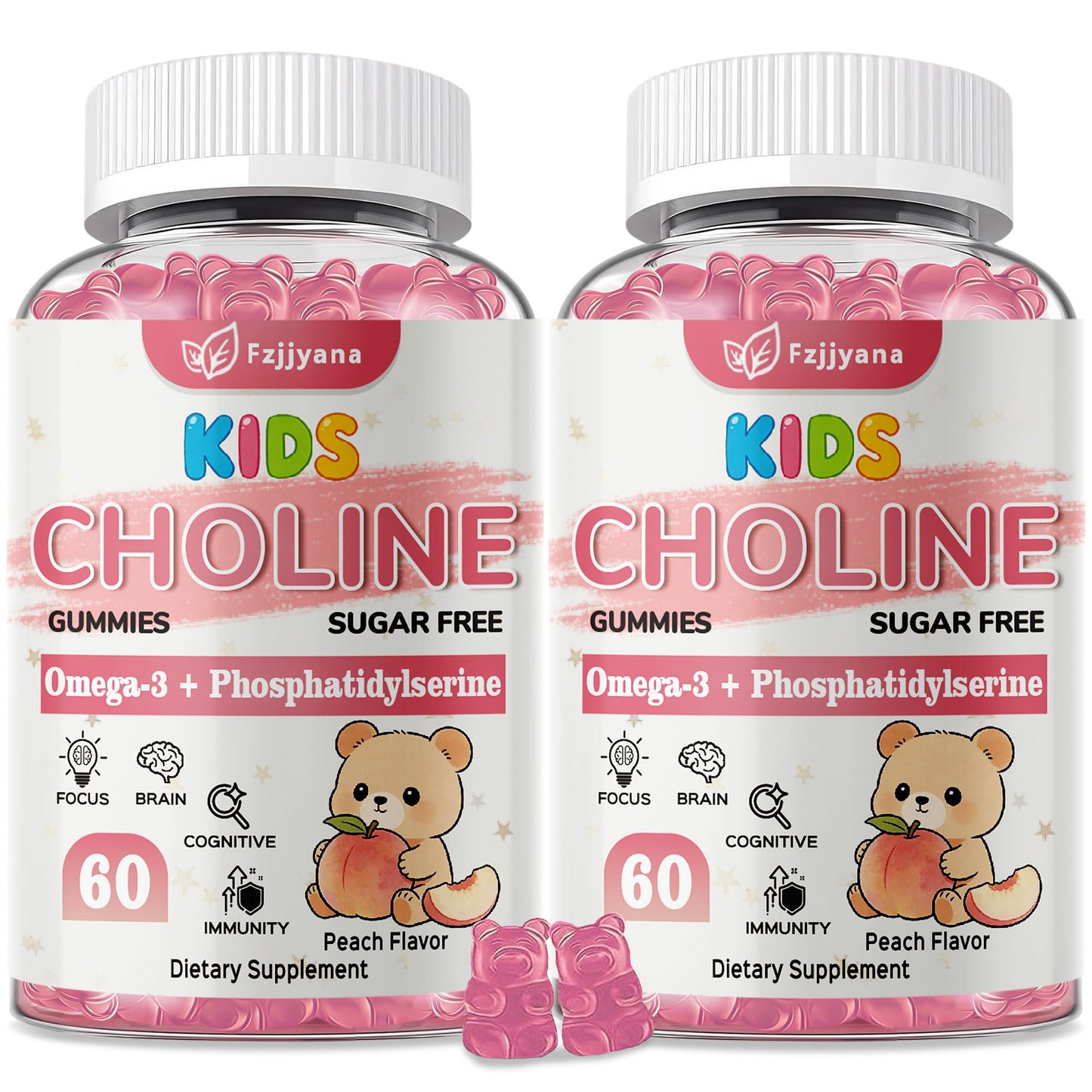 Fzjjyana Choline Gummies with Omega-3 (DHA+EPA), Phosphatidylserine for Kids & Teens 4+, Vitamin D3, B6 & B12 for Brain Health, Focus, Immune Support, Sugar-Free, Vegan, 120 Count