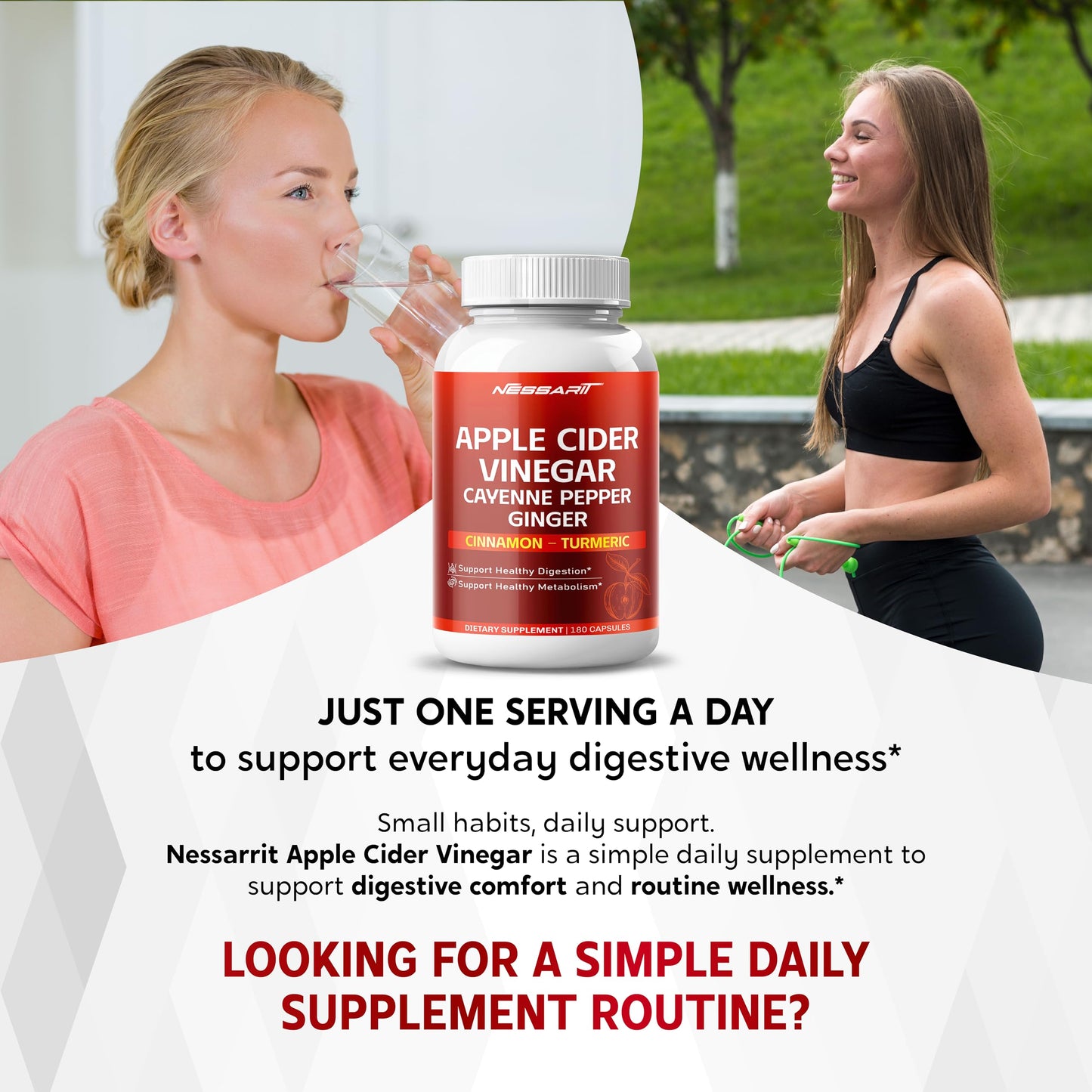 NESSARIT Apple Cider Vinegar with Cayenne Pepper, Ginger, Cinnamon & Turmeric Capsules, 180 Count