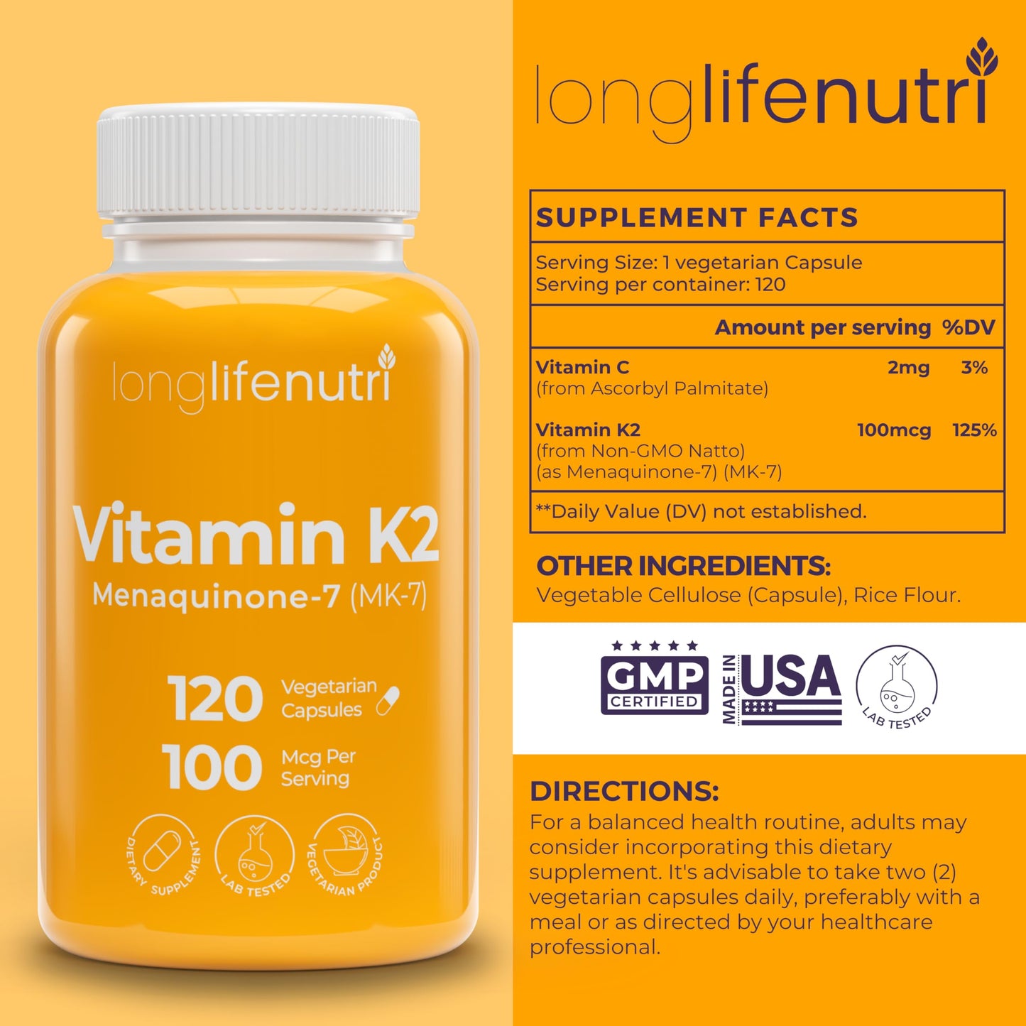 LongLifeNutri Vitamin K2 MK-7 100mcg Capsule, 120 Count