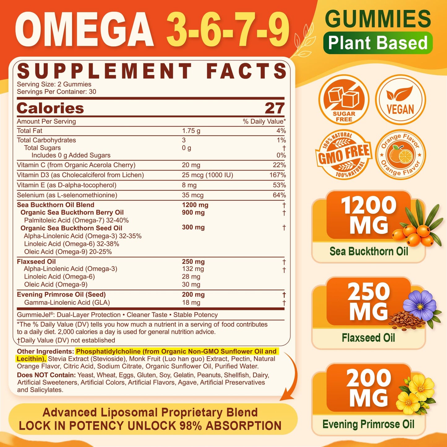 Nextdia Omega 3 6 7 9 Gummies Liposomal Sea Buckthorn Oil 1200mg No Sugar, 60 Count