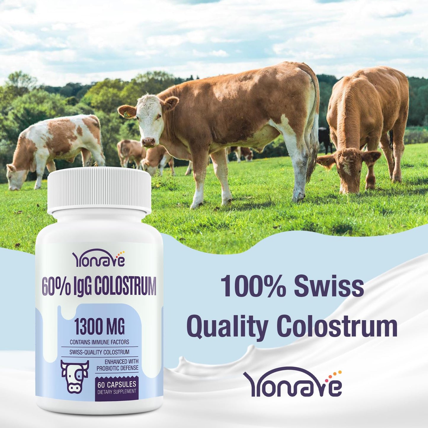 Yonrave Bovine Colostrum Capsules 1300mg (60% IgG), 120 Capsules