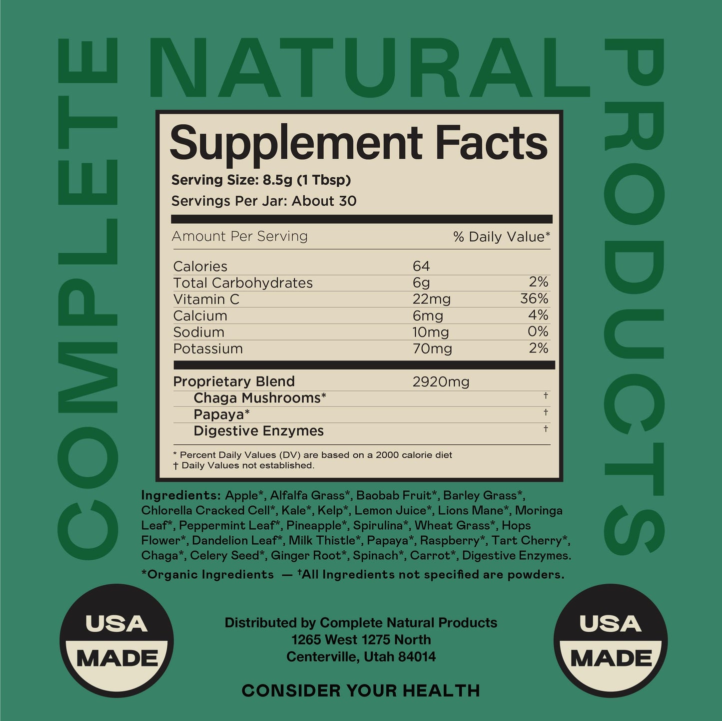 Complete Natural Products Gut Greens Superfood Powder Formula Supplement - Amazing Raw Digestive Enzyme Supplements Grass Mix, 9 Ounce