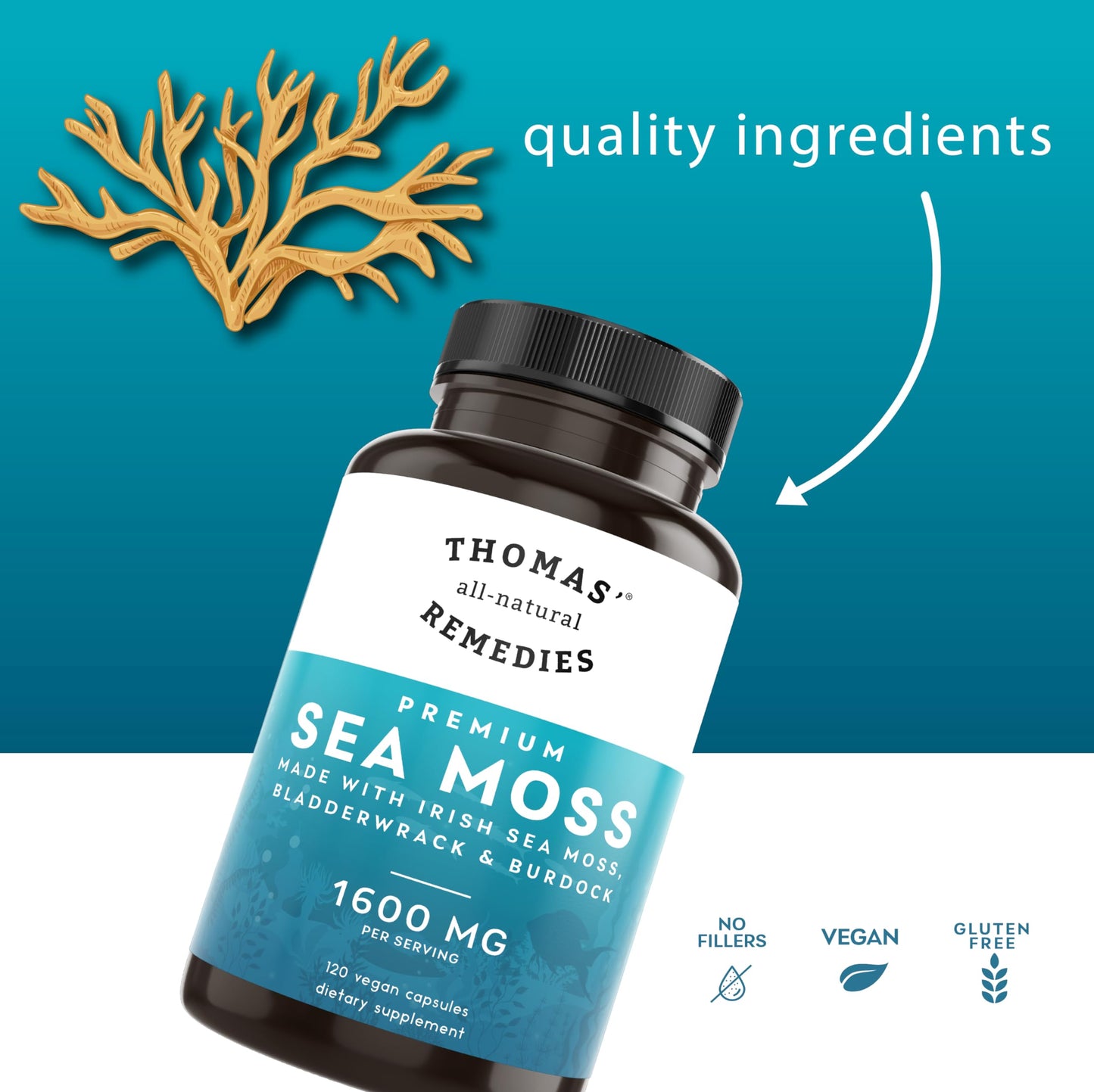 Thomas' all-natural Remedies Irish Sea Moss Capsules with Bladderwrack & Burdock Root Organic for Gut Health, Digestion, Energy & Immune Support, 120 Capsules