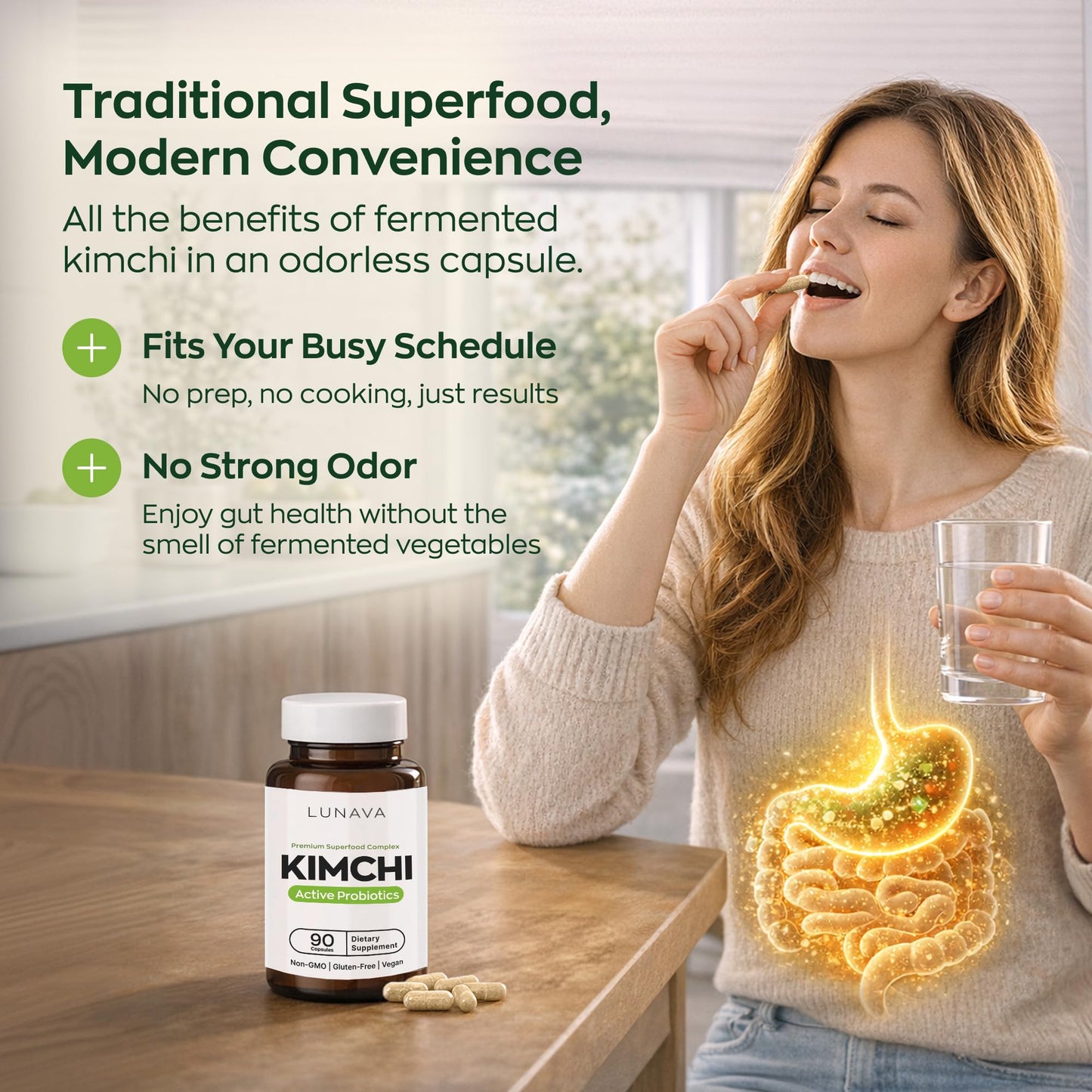 LUNAVA Kimchi Capsules with Prebiotics & Probiotics, Fermented Kimchi Superfood for Digestive & Immune Support, 90 Capsules
