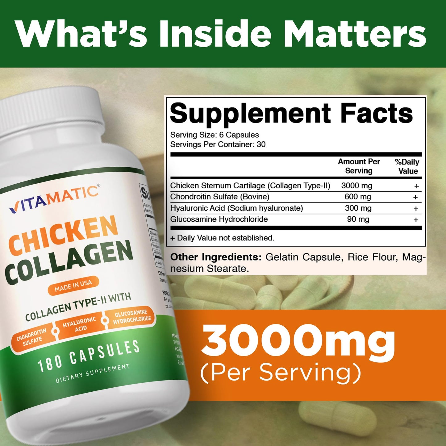 Vitamatic Chicken Collagen 3000 mg (Per Serving) with Glucosamine, Chondroitin & Hyaluronic Acid Capsules, 180 Count