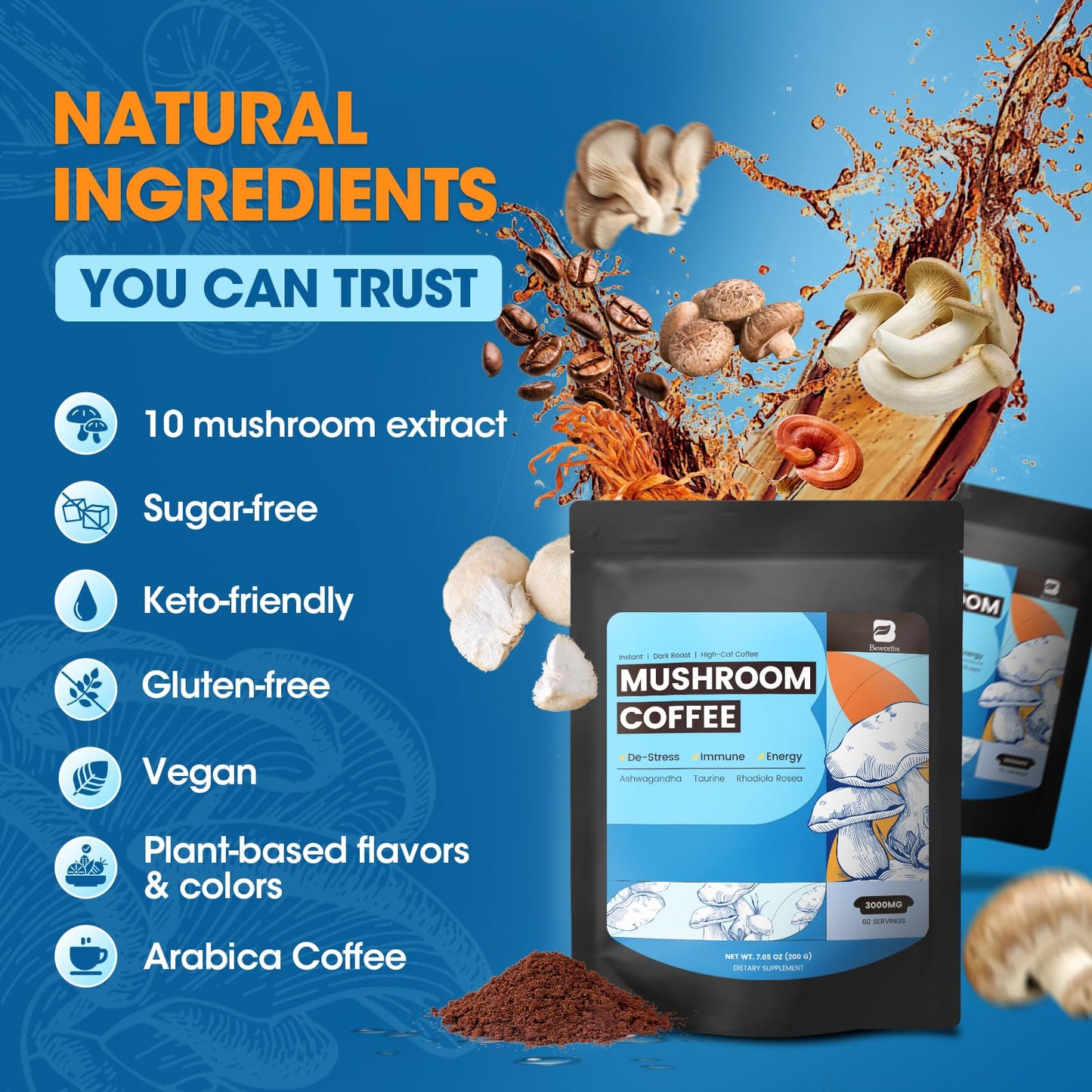 B BEWORTHS Mushroom Coffee Powder with Ashwagandha, L-theanine, Lion's Mane, Reishi, Chaga, Cordyceps, Turkey Tail, Ginseng | Arabica Instant Coffee for Immunity, Brain Focus, Gut Health 7.05 Ounce