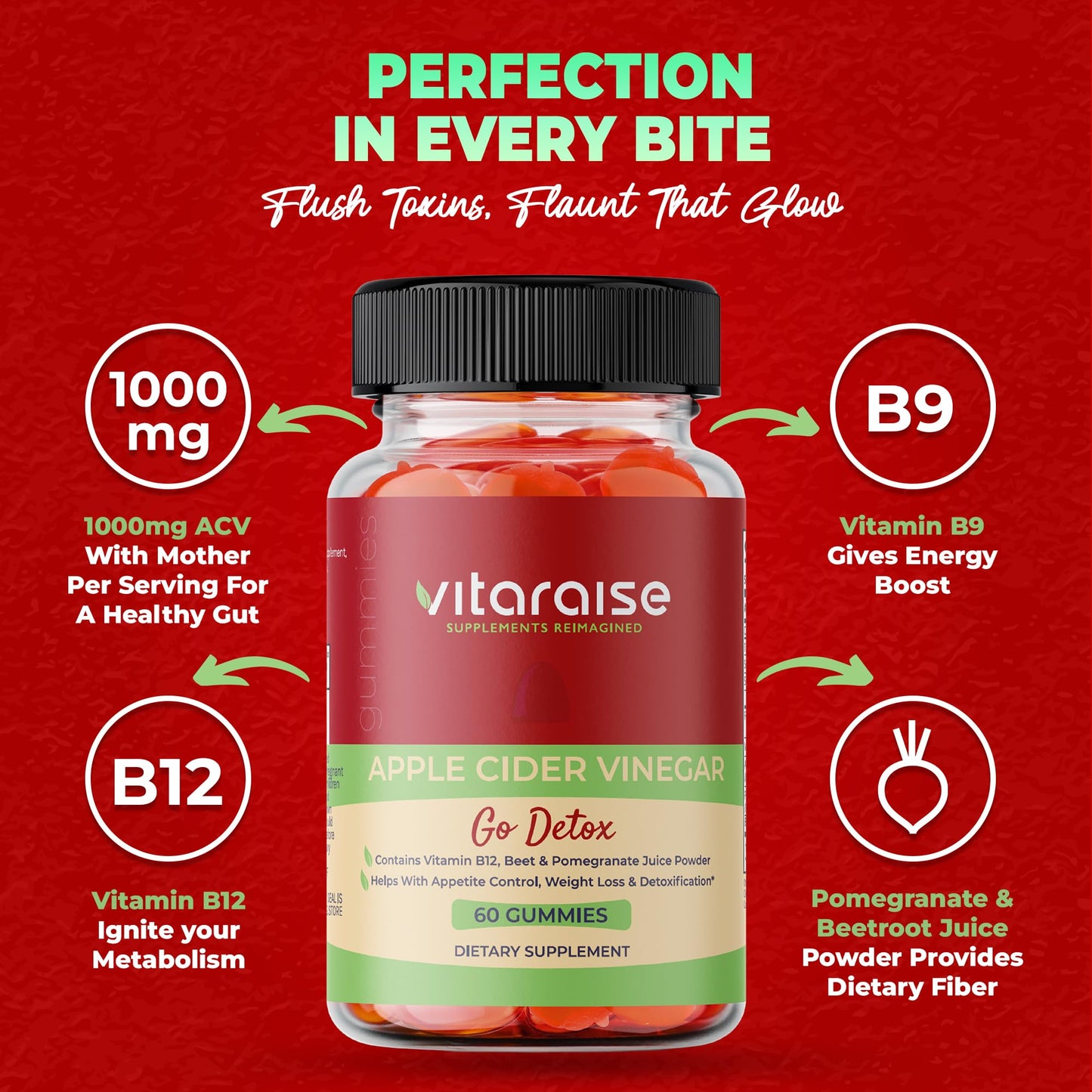 Vitaraise Apple Cider Vinegar Gummies with Mother, 1000mg, 60 Chews