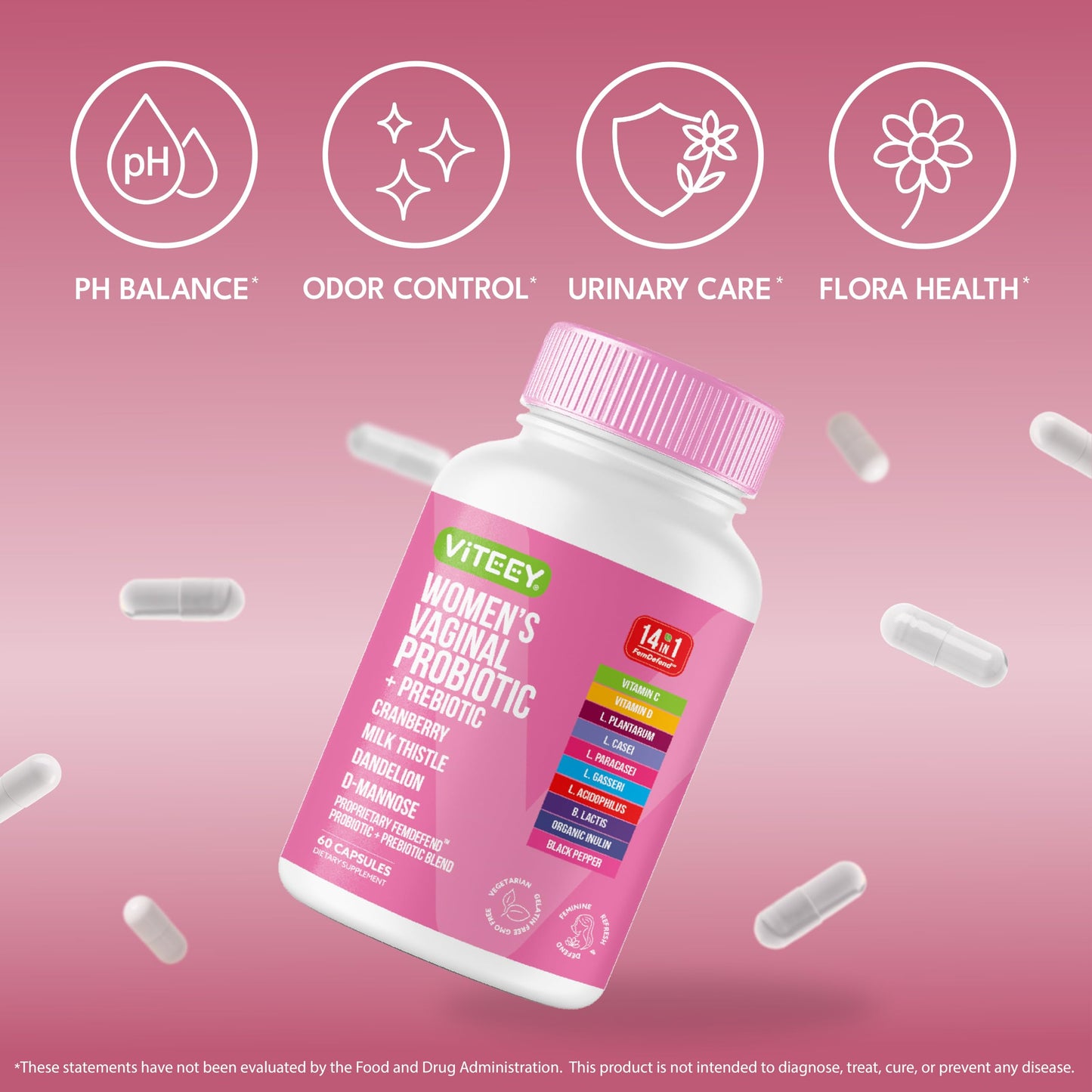 Viteey Vaginal Probiotic for Women 14-in-1 FemDefend Capsules, 60 Capsules
