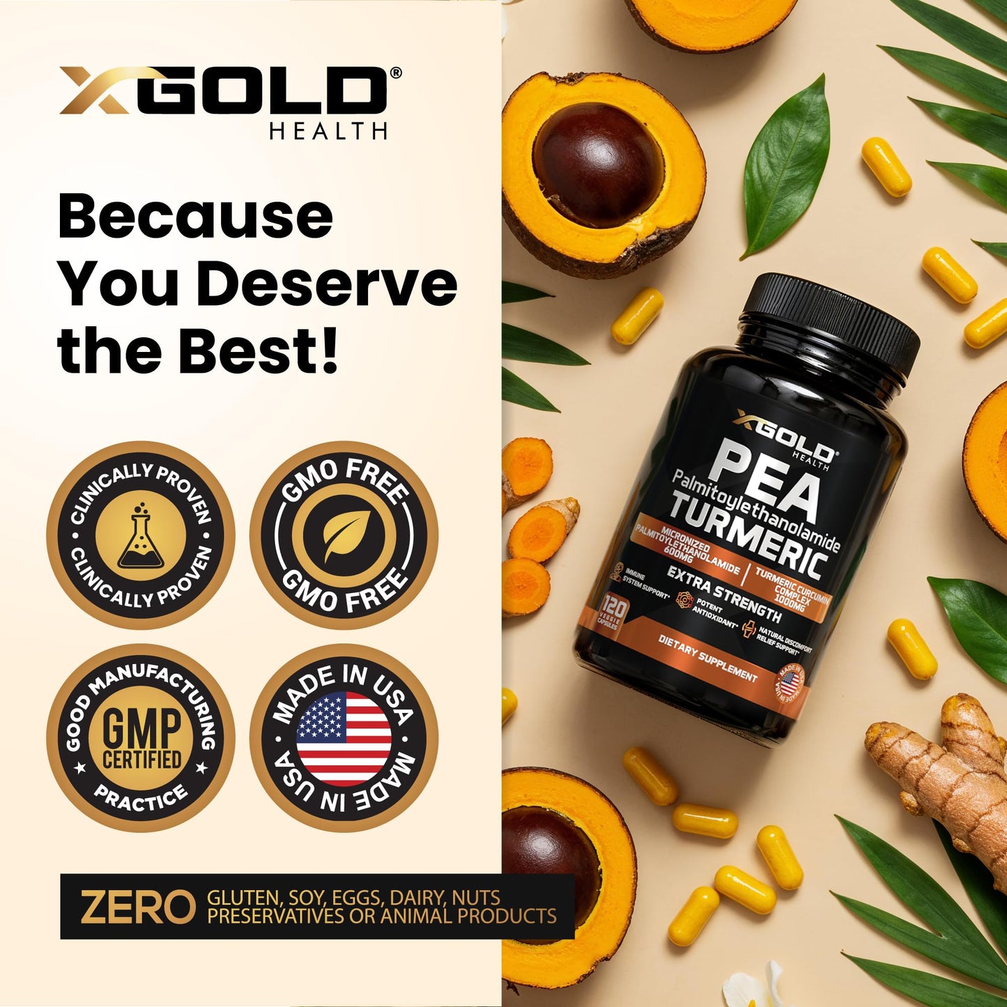 X Gold Health Pea Palmitoylethanolamide + Turmeric Curcumin 1600mg Capsule 120 Count