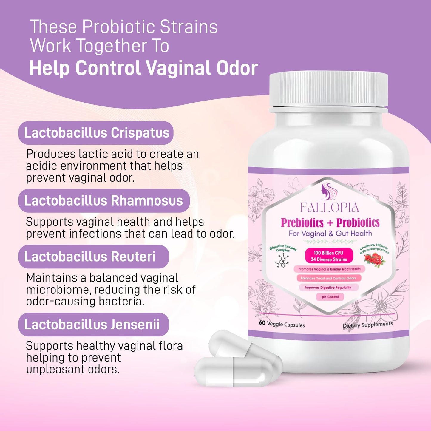 Fallopia Vaginal Probiotics for Women with Prebiotics Cranberry D-Mannose Digestive Enzymes & Hibiscus 34 Strains 100 Billion CFU Feminine Care Supplement for Gut Urinary Health & pH Balance Capsule 60 Count