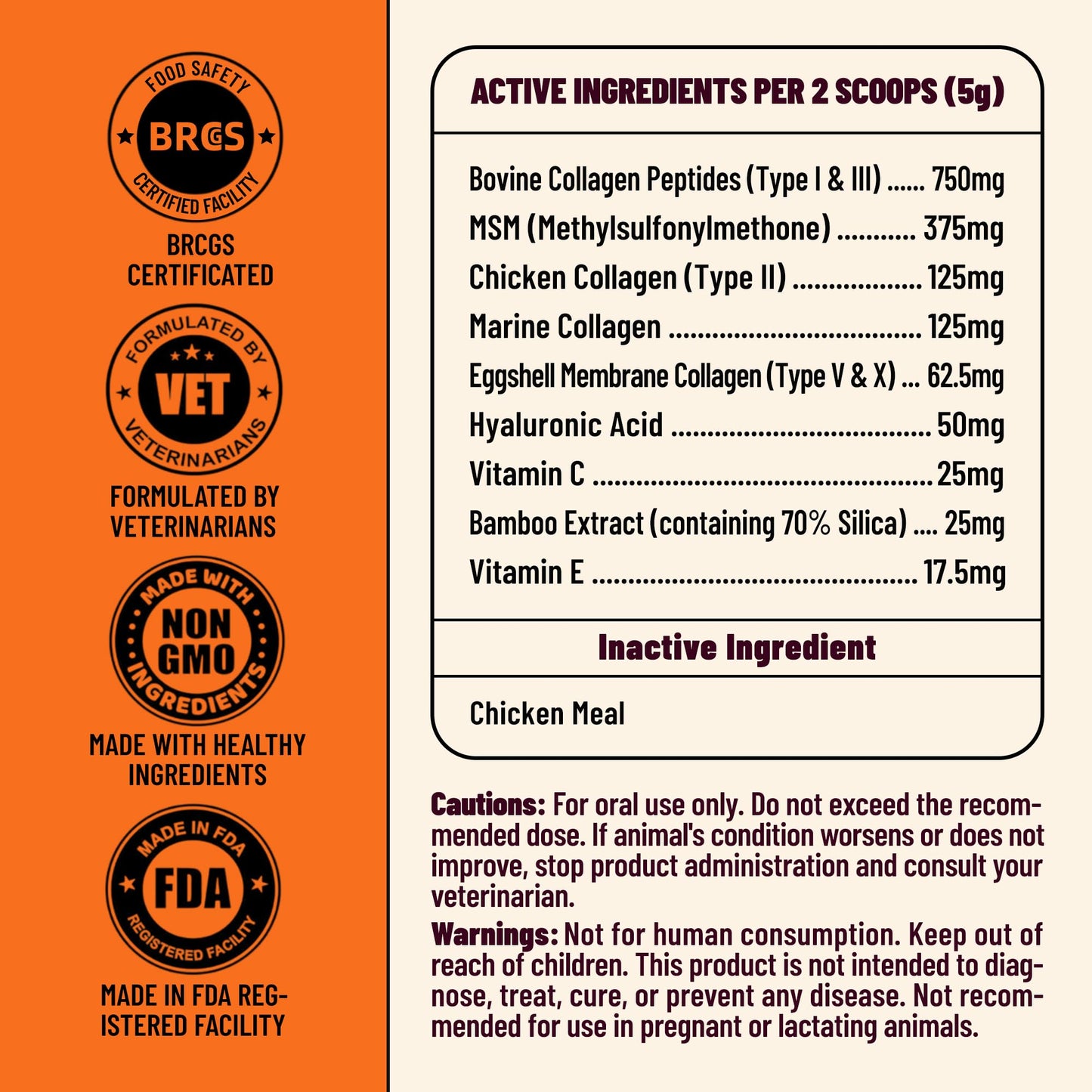 MULTIBITES 5X Collagen Powder for Dogs & Cats – Hip & Joint Supplement with MSM, Hyaluronic Acid & Marine Collagen, Chicken Flavor Food Topper, 110 Servings
