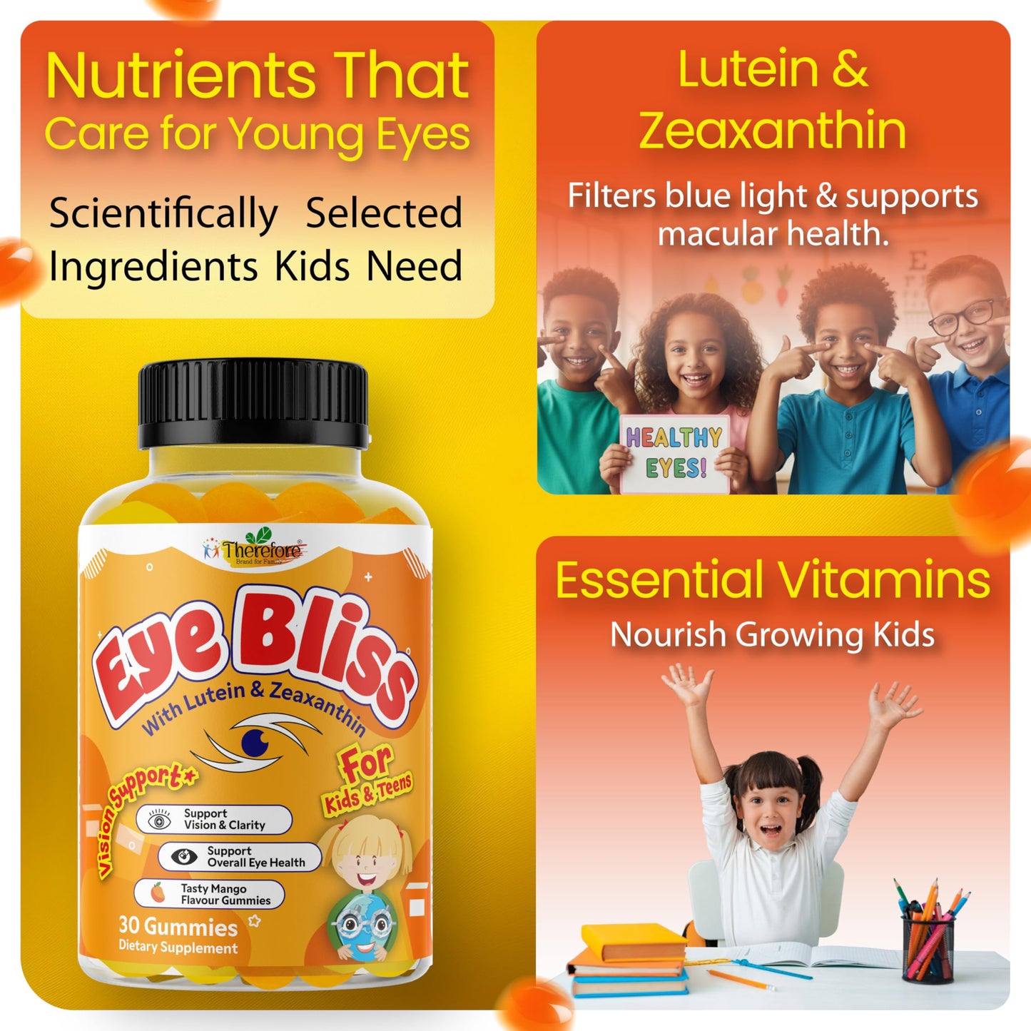 Therefore Eye Health Gummies for Kids & Teens – Lutein Zeaxanthin Vision Support Supplement – Vegan, Non-GMO 30 Gummies