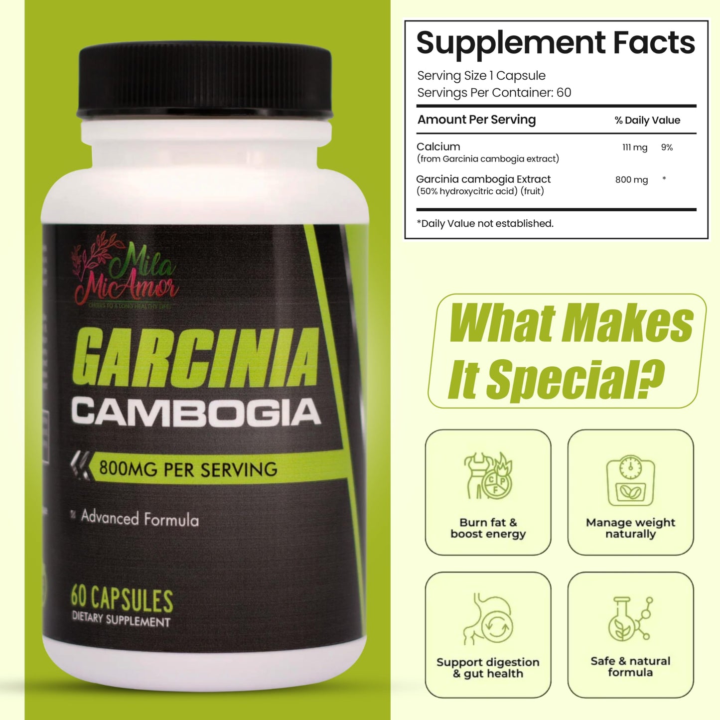 Mila Miamor Garcinia Cambogia Extract Supplement (50% HCA), 800 mg, Capsule, 60 Capsules