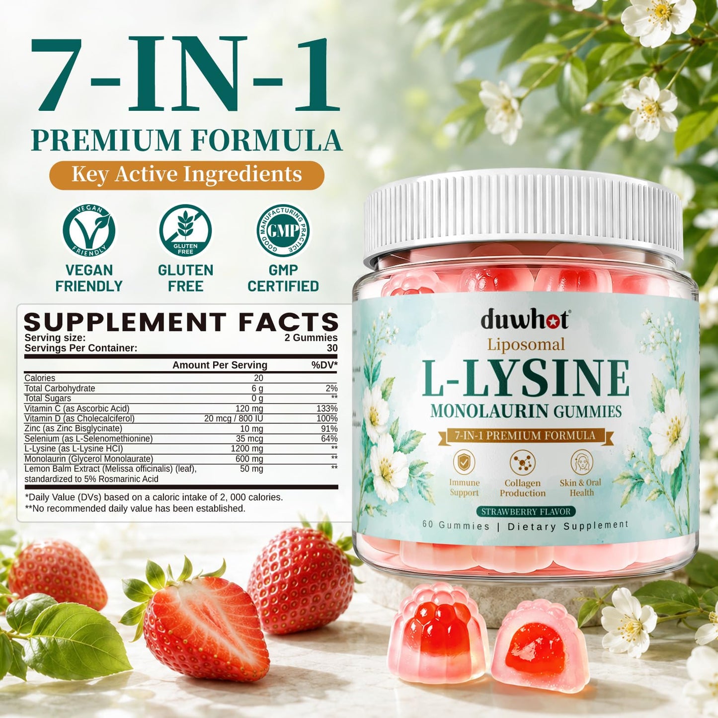 duwhot Liposomal Lysine Monolaurin Gummies 1200mg, 60 Count