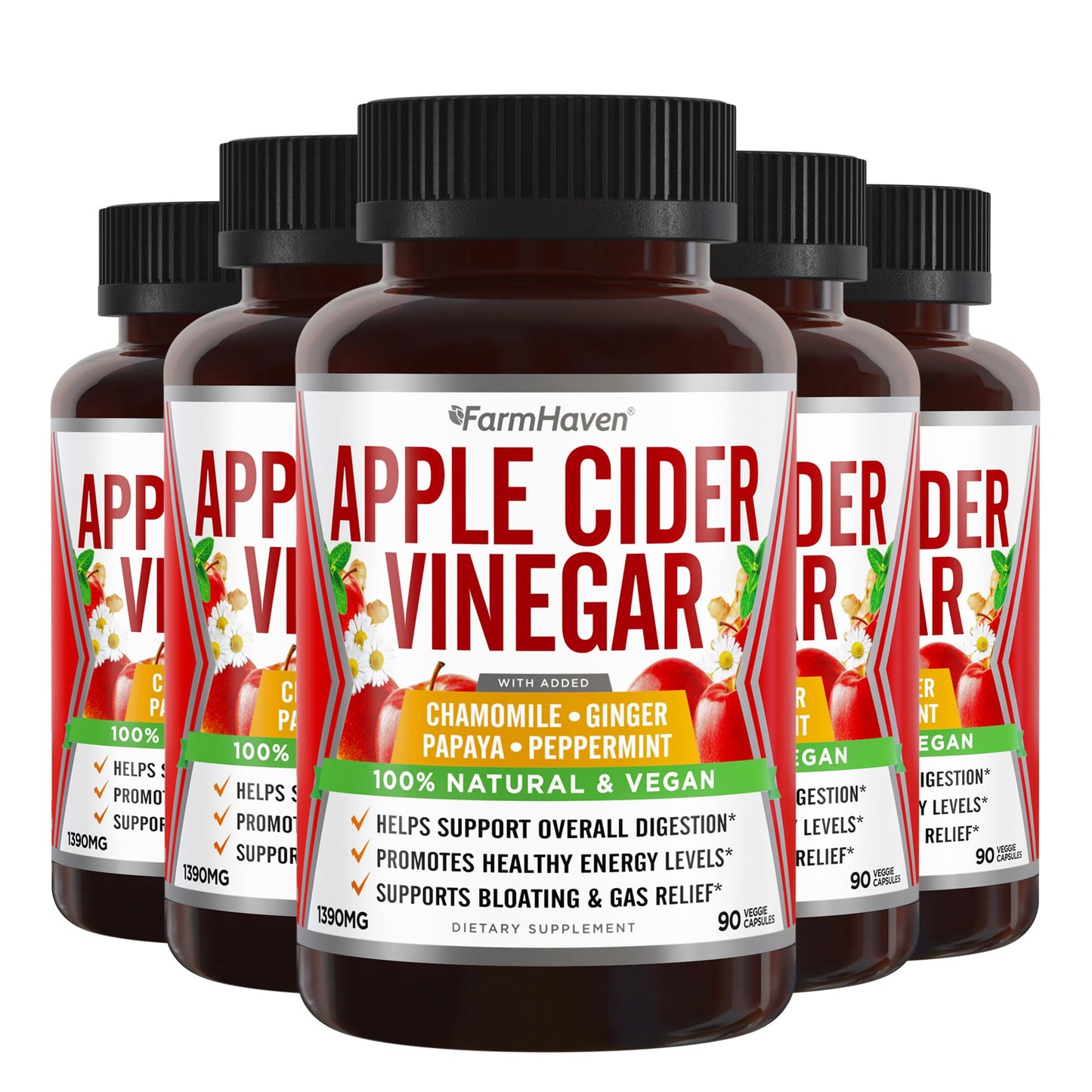 FarmHaven Apple Cider Vinegar 1390mg Capsules with Ginger, Papaya & Chamomile, Supports Digestion & Immunity, Non-GMO & 100% Natural, 450 Capsules