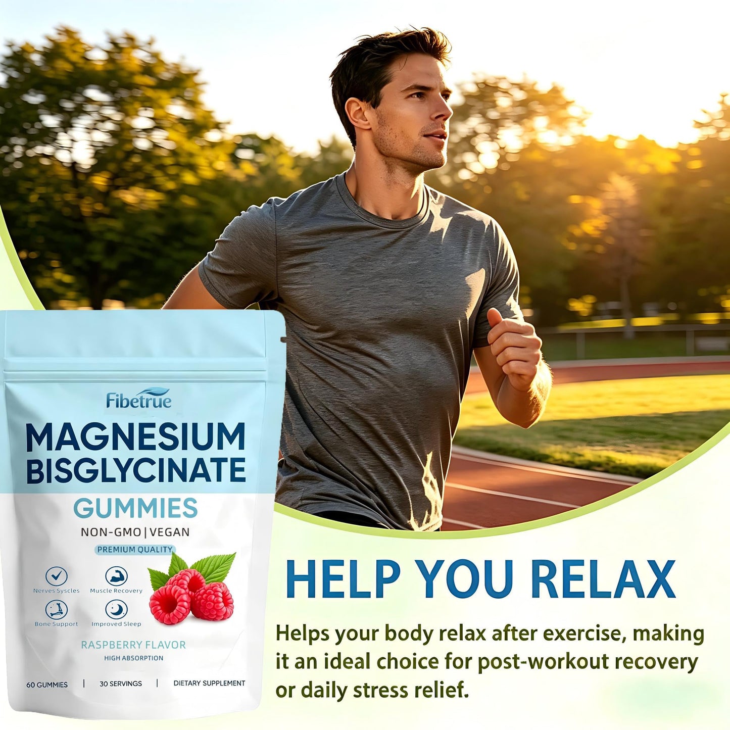 Fibetrue Magnesium Glycinate Gummies 400mg High Absorption Chelated Magnesium for Sleep, Muscle & Nerve Support, Vegan Raspberry Flavor, 60 Gummies