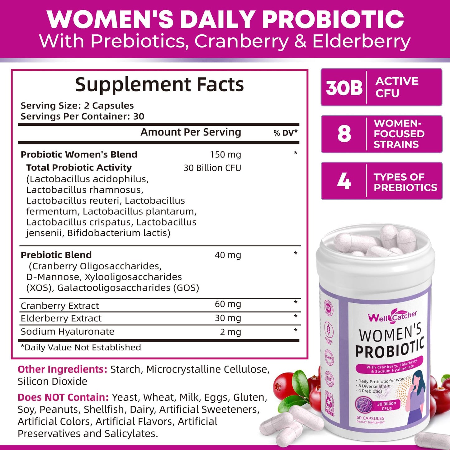 Wellcatcher Vaginal Probiotics for Women Daily Cranberry Probiotics with Prebiotics Support Digestive Urinary Tract Health pH Balance with 30 Billion CFU 8 Diverse Strains Vegan 60 Capsules