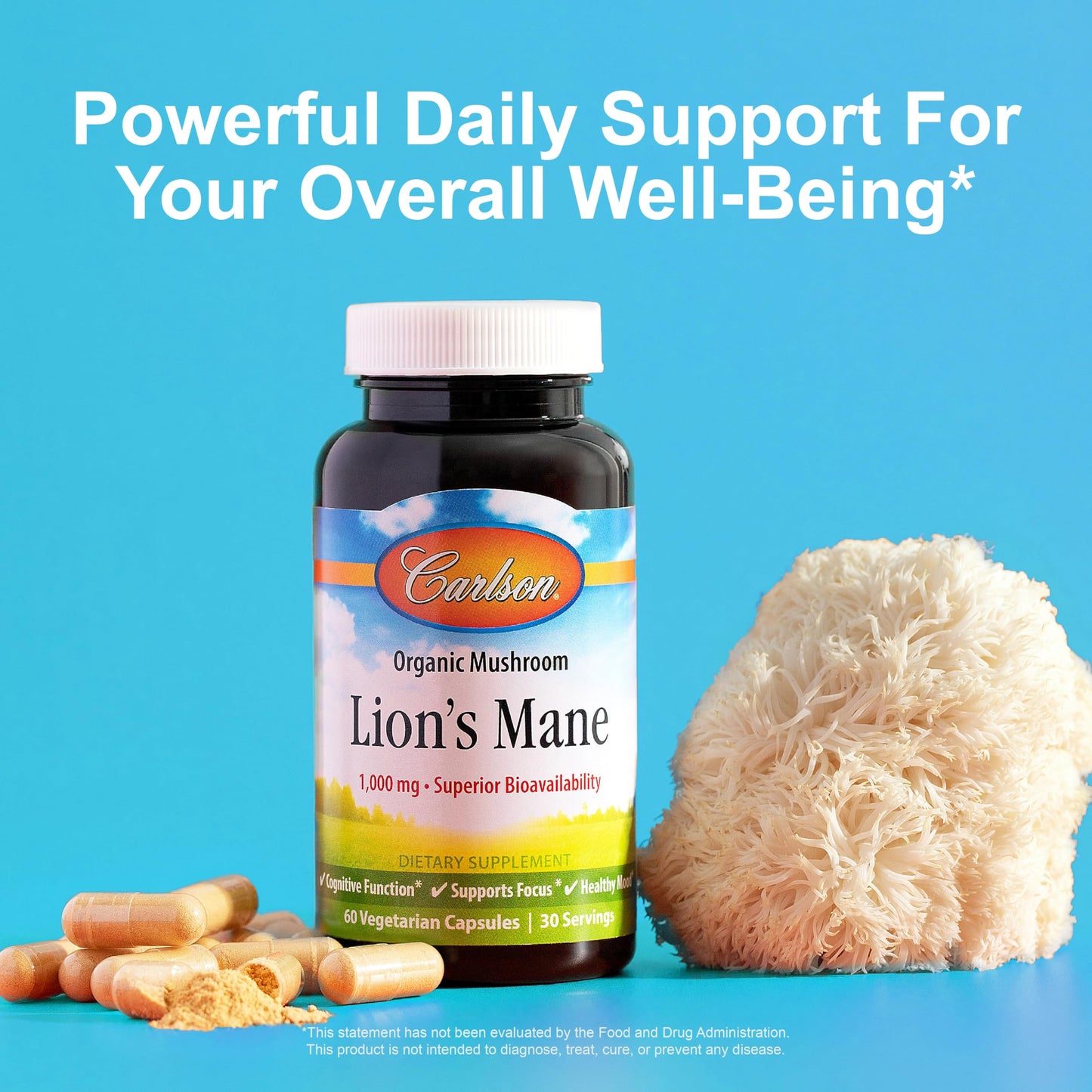 Carlson Lion's Mane Organic Mushroom Cognitive Function Mood Health Digestive Support Non-GMO, 60 Vegetarian Capsules