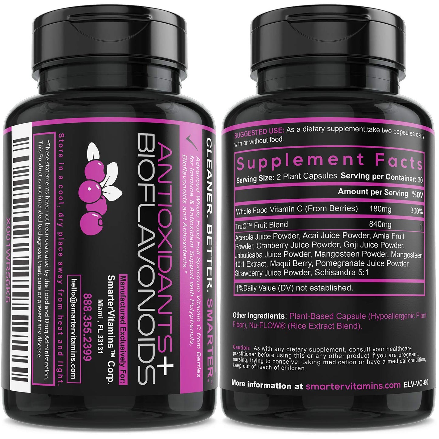 SmarterVitamins Raw Whole Food Vitamin C from Berries, Premium Antioxidants, Bioflavonoids & Polyphenols, 300 Vegan Capsules