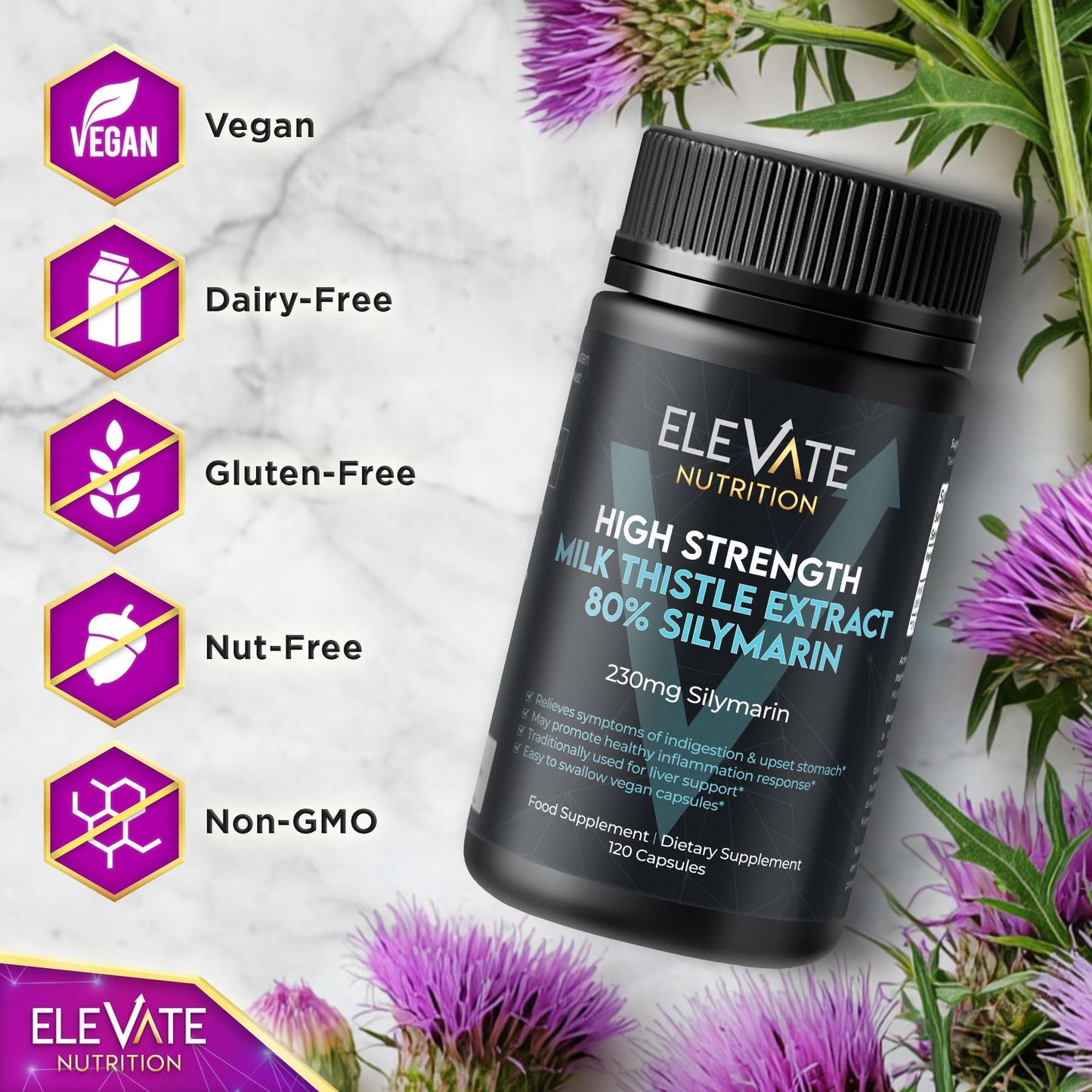 ELEVATE NUTRITION Milk Thistle 288 mg (80% Silymarin), Capsule, 120 Vegan Capsules