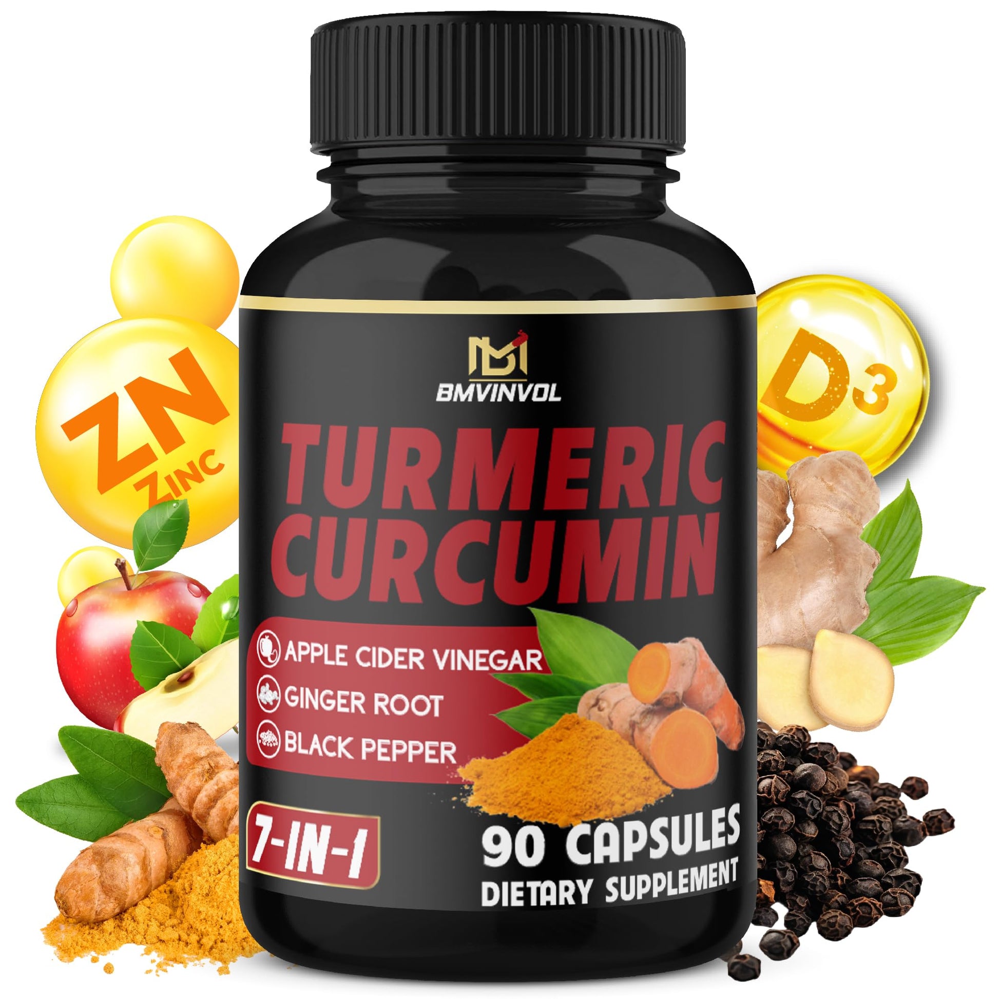 BMVINVOL Turmeric Curcumin with 95% Curcuminoids & Apple Cider Vinegar, Ginger Root & Black Pepper for Advanced Absorption Capsules, 90 Count