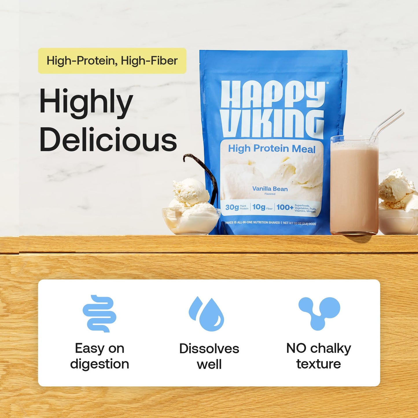 Happy Viking Plant-Based Vegan Protein Powder +100 Superfoods - Vanilla 33.6 oz