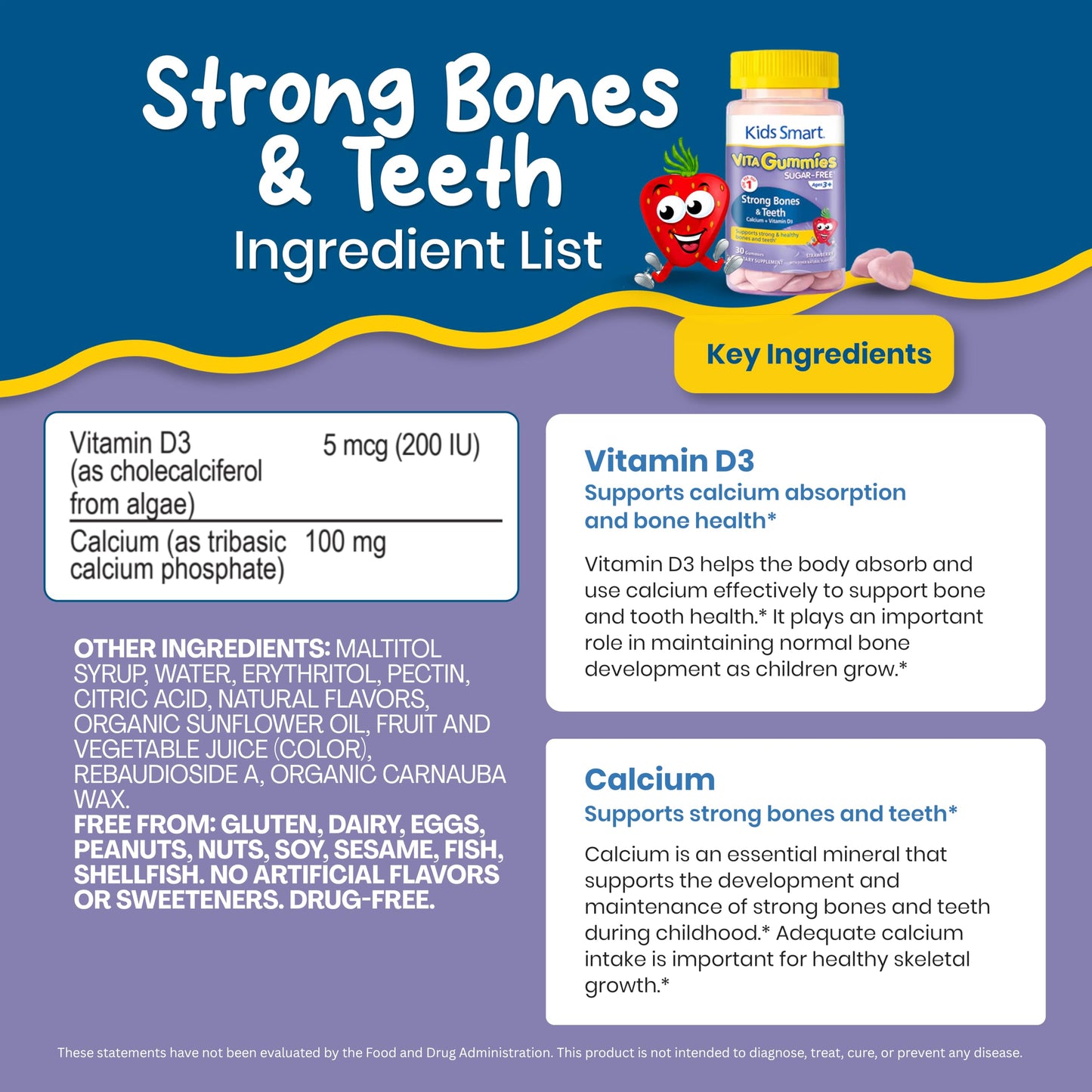 KIDS SMART Strong Bones Calcium + D3 Gummy, Bone & Teeth Support, Kids 3+, 30 Count