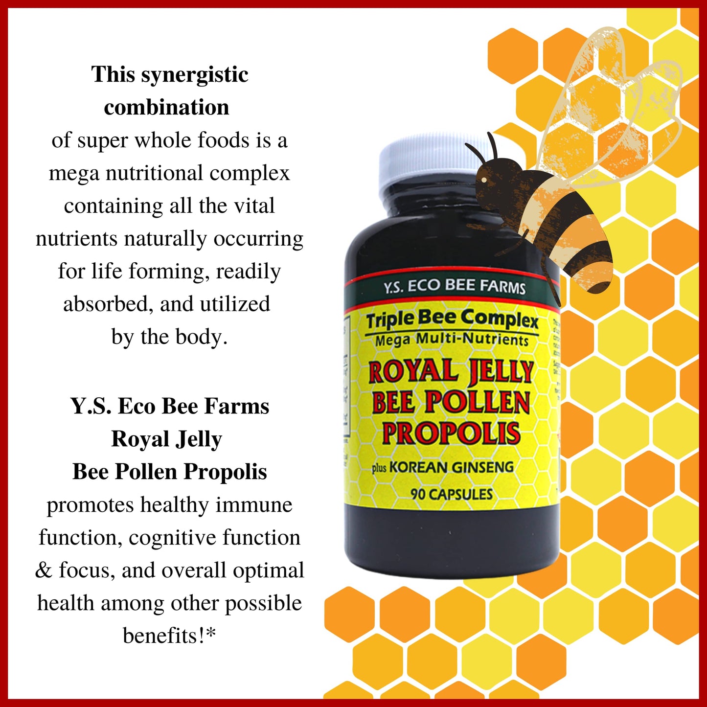 Worldwide Nutrition Triple Bee Complex Royal Jelly, Bee Pollen & Propolis with Korean Ginseng Capsule 90 Count