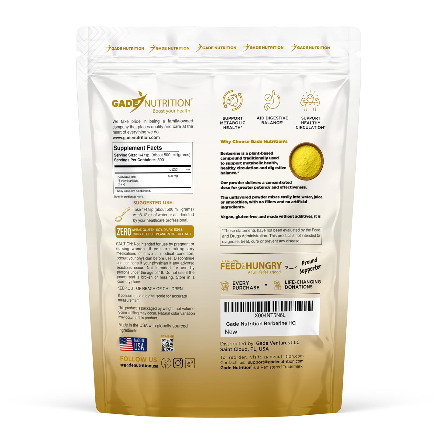 GADE NUTRITION BOOST YOUR HEALTH Berberine HCL Powder, 8.8 oz