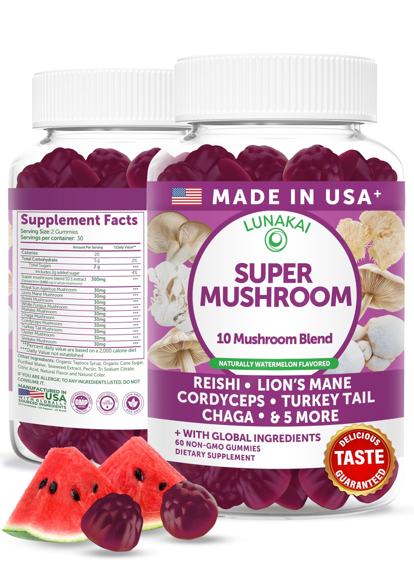 Lunakai Super Mushroom Gummies with Lion’s Mane – 10-in-1 Adaptogenic Mushroom Supplement, Gummy, 60 Count