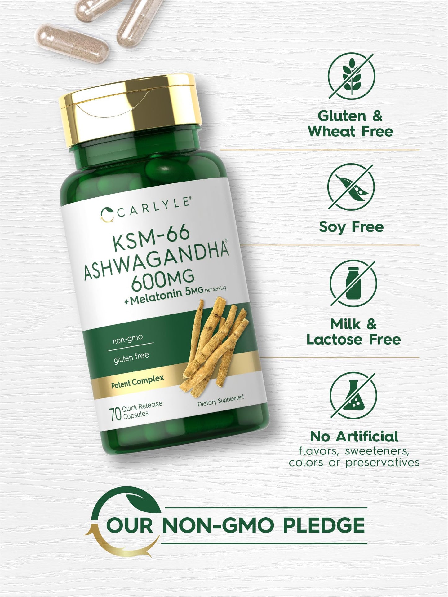 Carlyle KSM-66 Ashwagandha Capsules 600mg with Melatonin 5mg Potent Complex Non-GMO Gluten Free, 70 Count