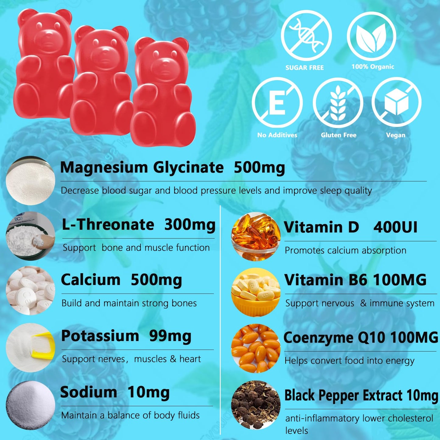 OrgEnthium Magnesium Glycinate Gummies 500mg with L-Threonate, Vitamin D, B6, Potassium & CoQ10 Gummy, 60 Count