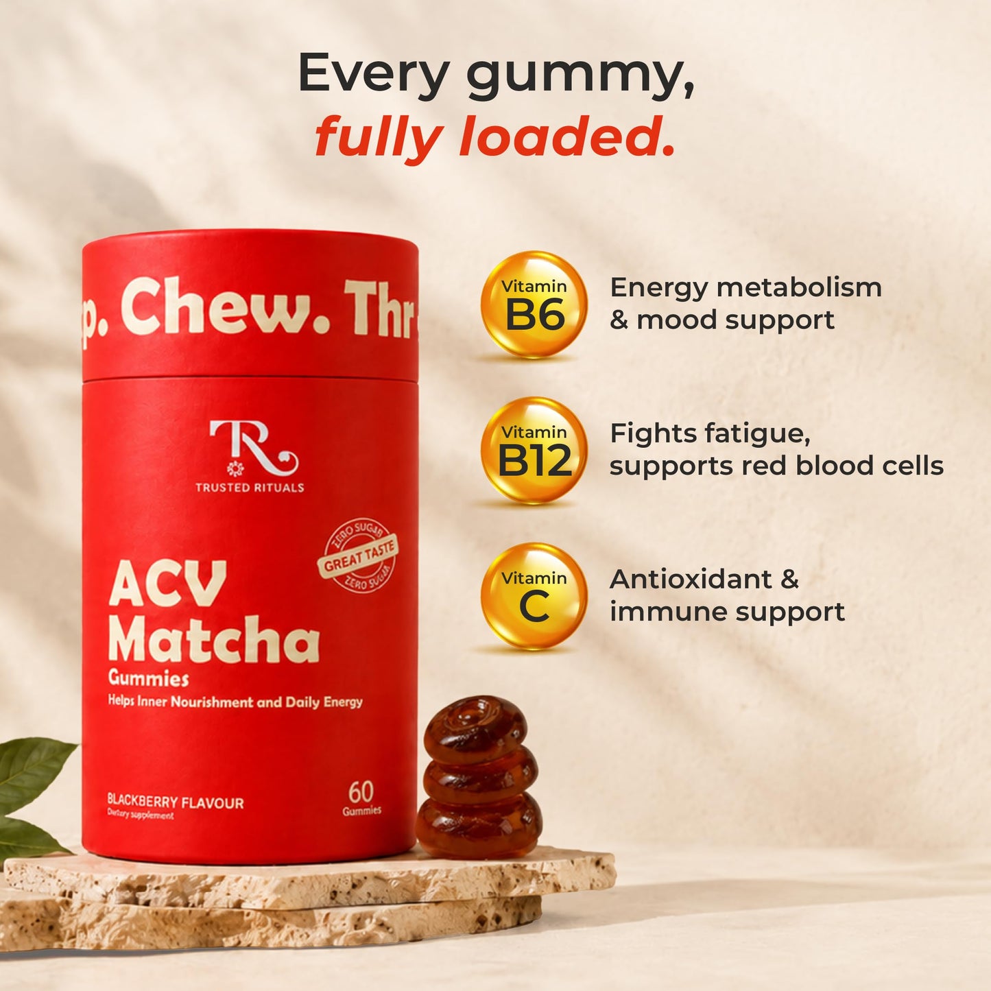 Trusted Rituals ACV Matcha Gummies – Max Strength 1000mg ACV with Matcha, Ashwagandha, Prebiotic Fiber & Vitamins B6/B12 – Gut, Mind, Metabolism & Digestion Support – Vegan, No Added Sugar, 60 Gummies