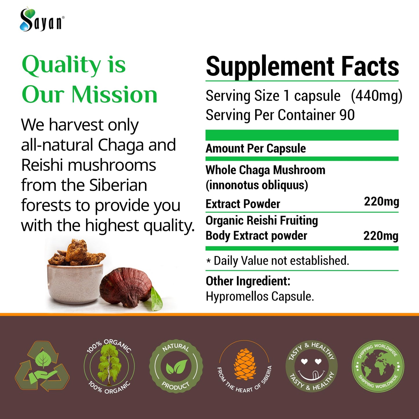 Sayan Chaga and Organic Reishi Mushroom Capsules 90 Count