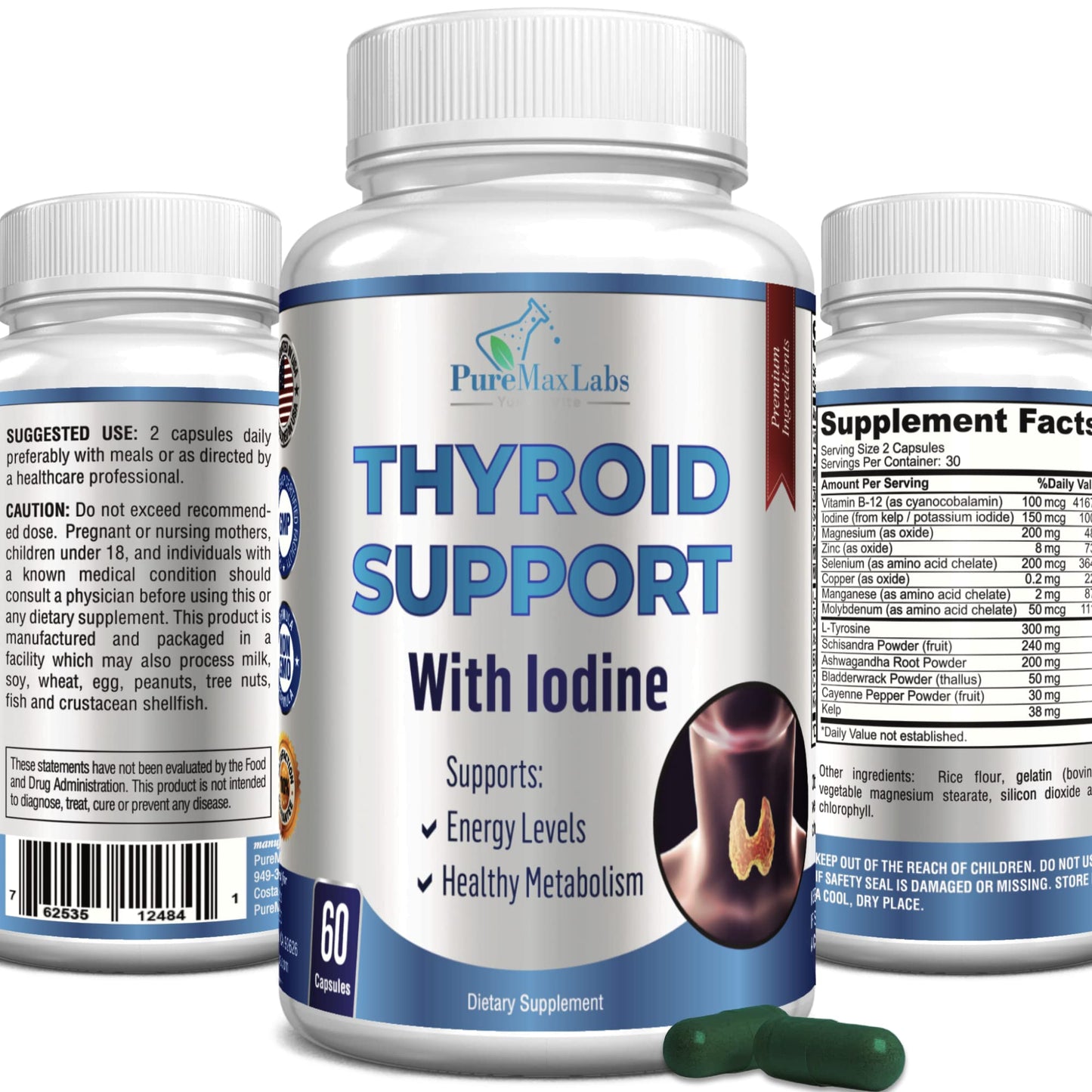 YUMMYVITE Thyroid Support with Iodine - Metabolism Booster Non-GMO, 60 Capsules