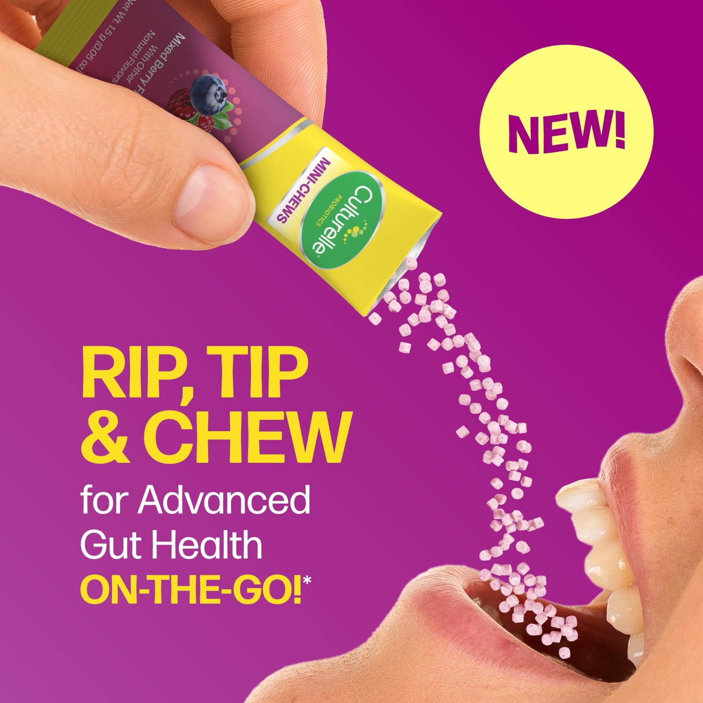Culturelle Complete 3-in-1 Biotics Mini-Chews Daily Probiotic for Digestive Health with Prebiotics and Postbiotics for Gut Balance, Mixed Berry Flavor Chewable 28 Count