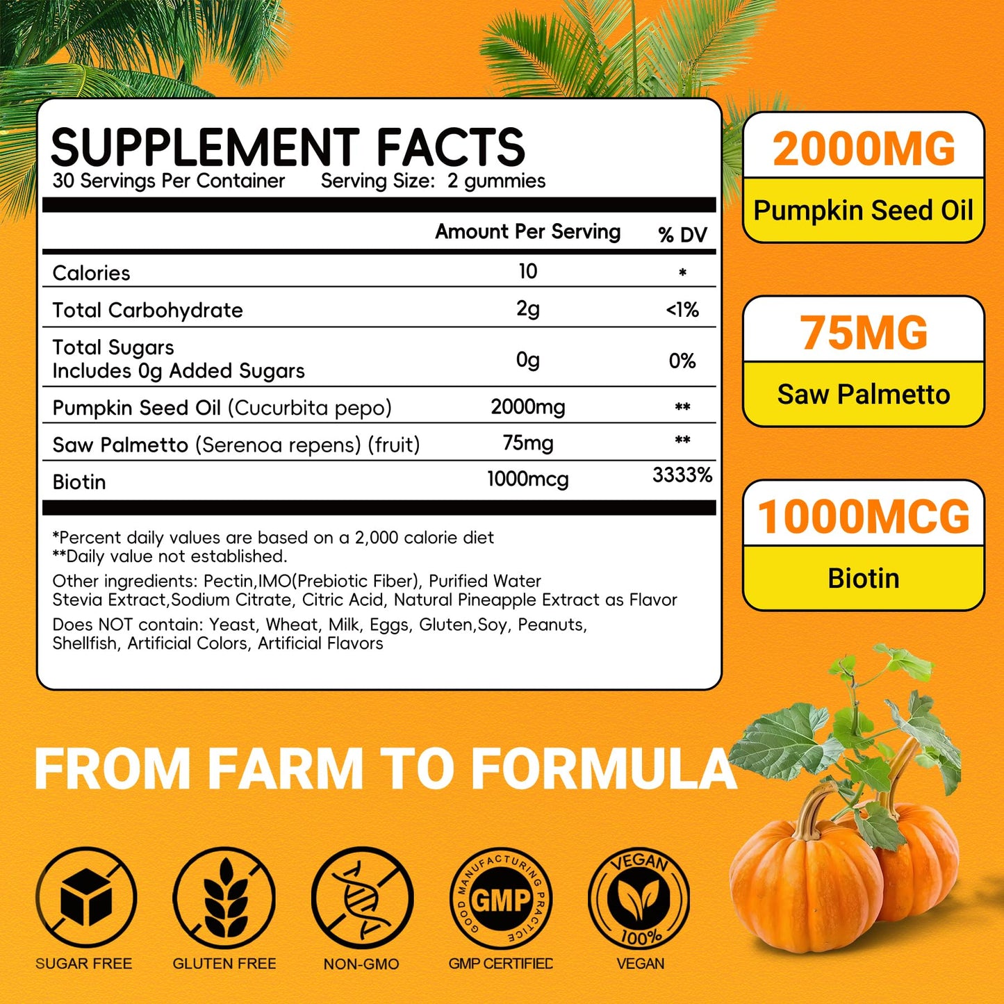 ESSENJOYY Sugar Free Pumpkin Seed Oil Gummies 2000mg with Saw Palmetto & Biotin, 60 Count